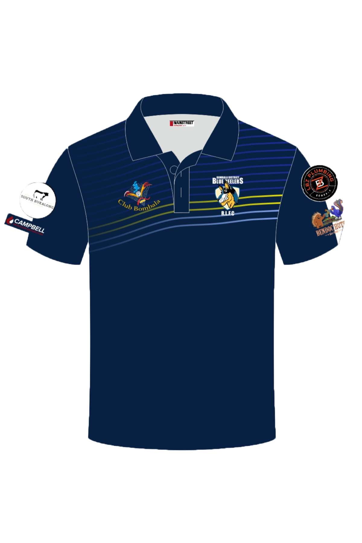 Introducing the Bombala Blue Heelers Sublimated Club Polo, a dark blue sports polo with a collar. It showcases embroidered logos, including a bird for Club Baseball and a batter for Bushrangers RLFC, plus sponsors like Campbell and Bunnings. Stylish horizontal chest stripes complete the design. Pre-order now!.