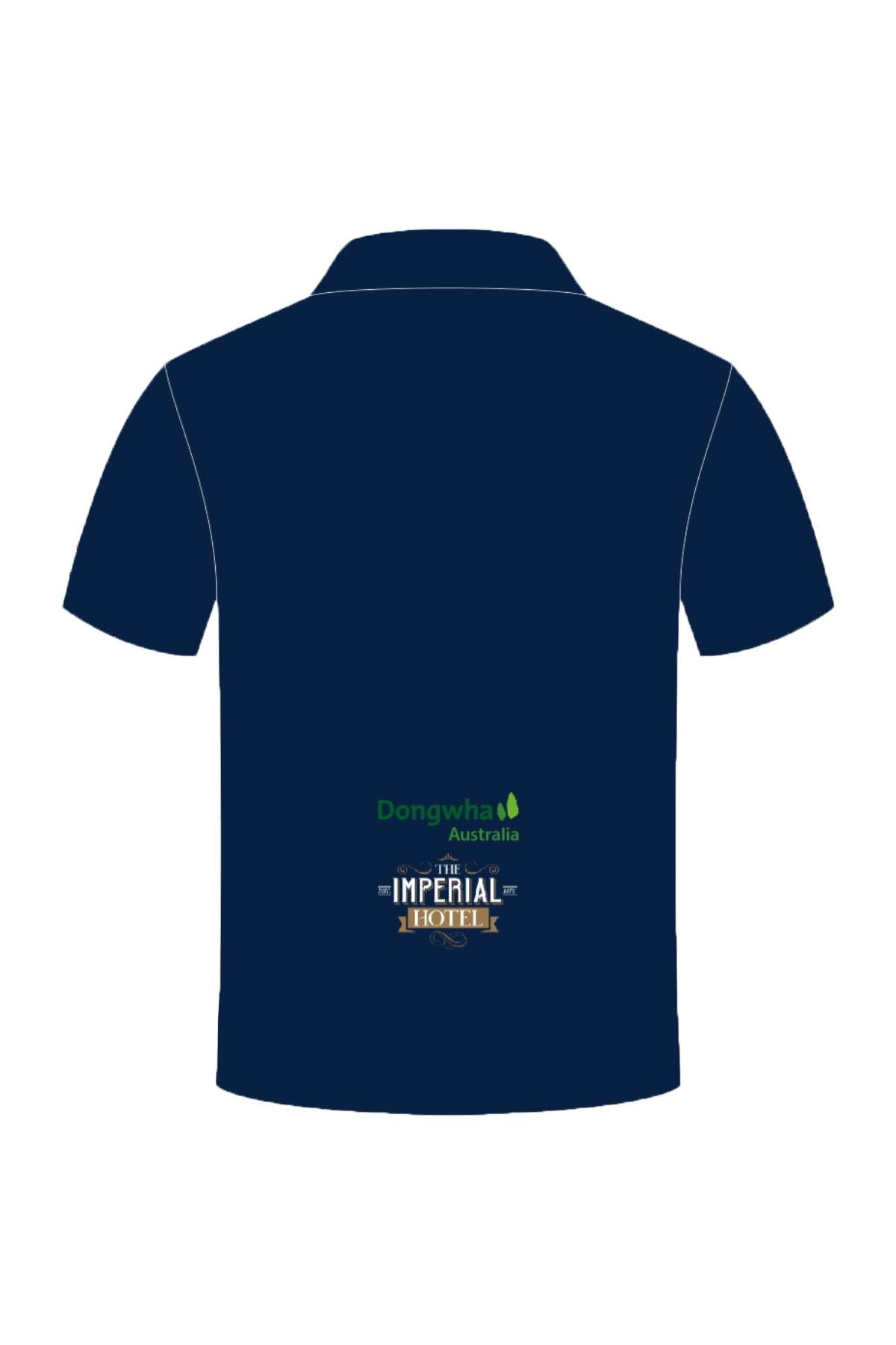 The Bombala Blue Heelers Sublimated Club Polo in navy blue is shown from the back, highlighting white stitching. It displays "Dongwha Australia" and a leaf logo above "The Imperial Hotel" text at the center. Available for pre-order with a minimum order quantity requirement.