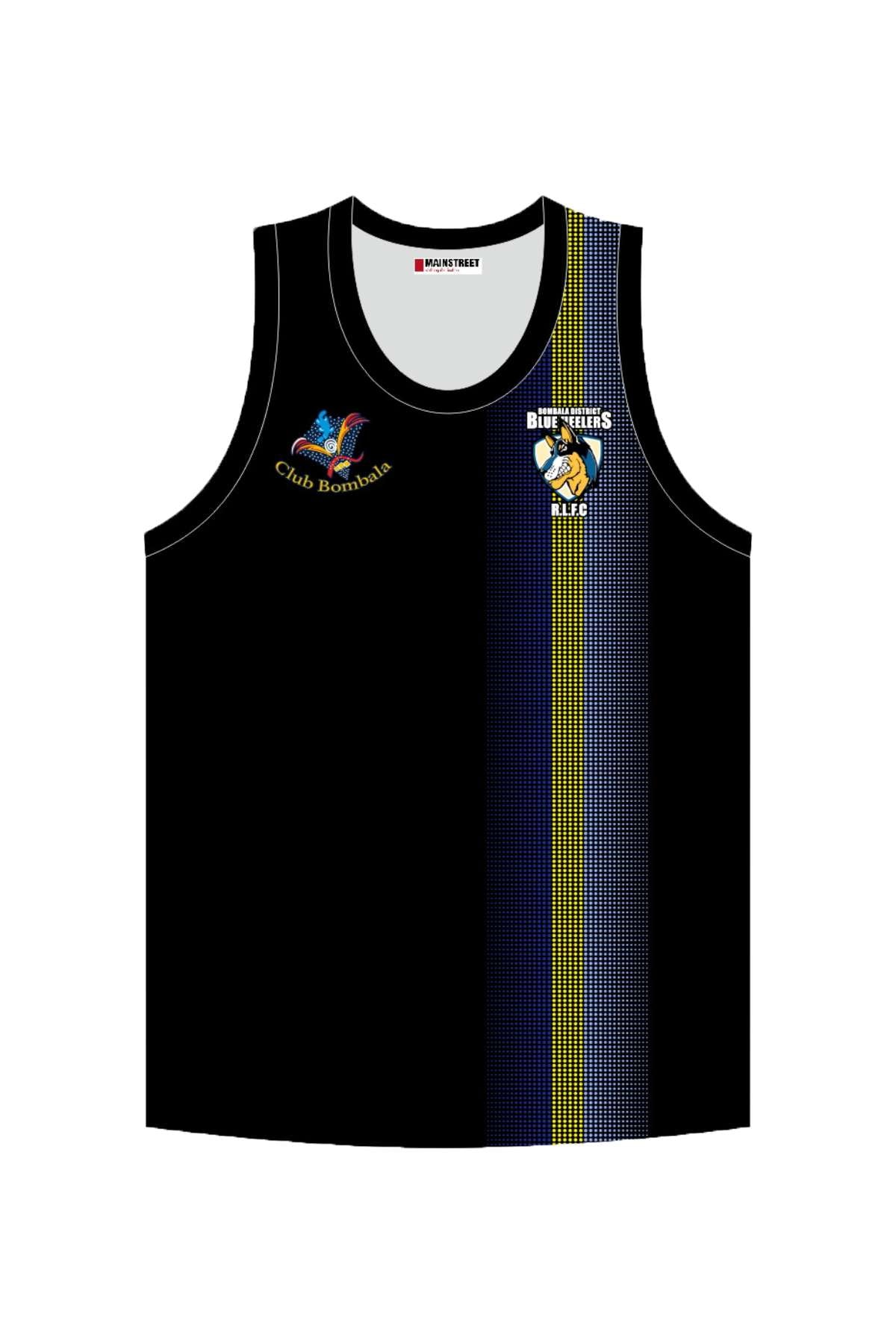 The Bombala Blue Heelers Training Singlet, available for pre-order, is a black sleeveless sublimated training piece featuring "Club Bombala" with a colorful image on the left chest and "Blue Bulls Rugby League" logo with a bull design on the right. It has a vertical blue and yellow checkered stripe on the right side.