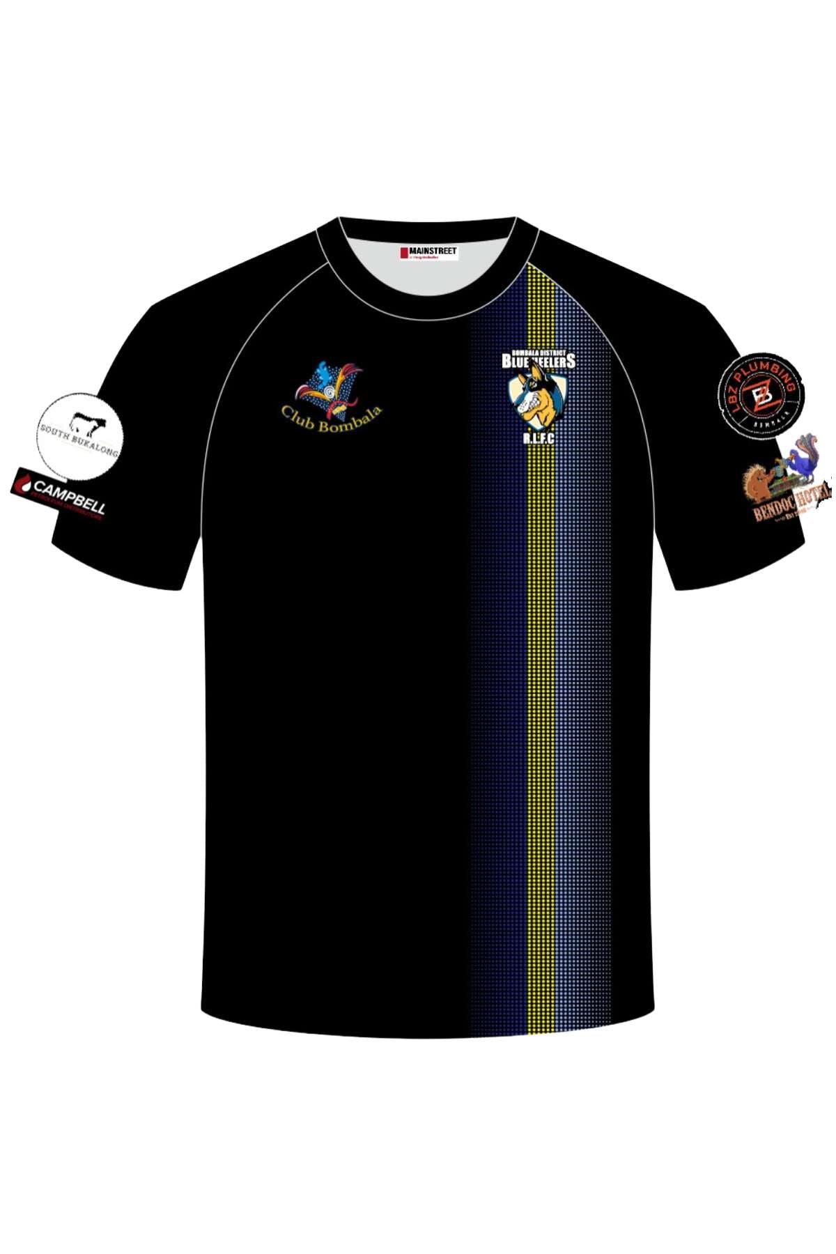 Pre-order the Bombala Blue Heelers Training Tee, showcasing Club Bombala logos, bulldog emblem with "BULLDOGS BLUE," sponsor logos, vertical blue/yellow stripes, and a white collar detail. Minimum order quantity applies.