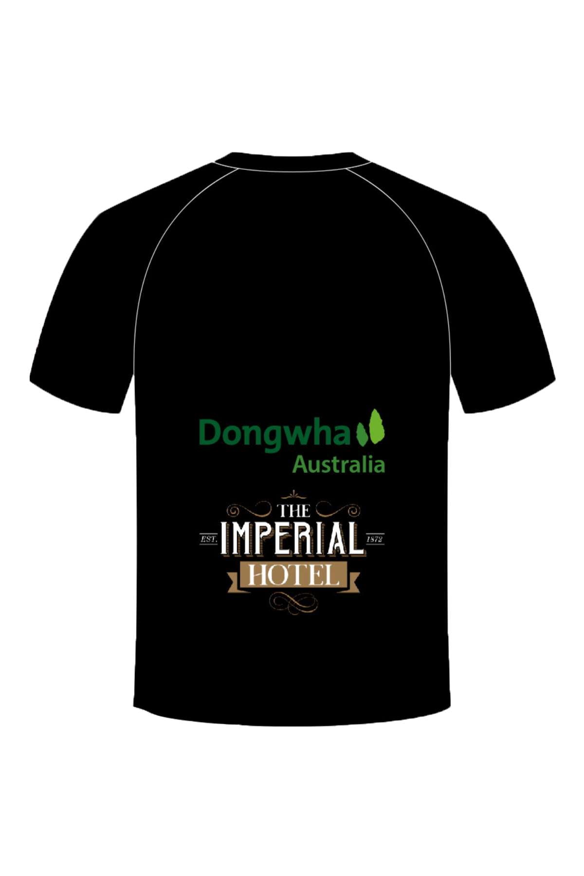 Pre-order the Bombala Blue Heelers Training Tee: a black t-shirt adorned with white and green logos, styled as a sublimated training tee. It features the green "Dongwha Australia" logo with a tree icon and "The Imperial Hotel" in bold gold and white with decorative details.