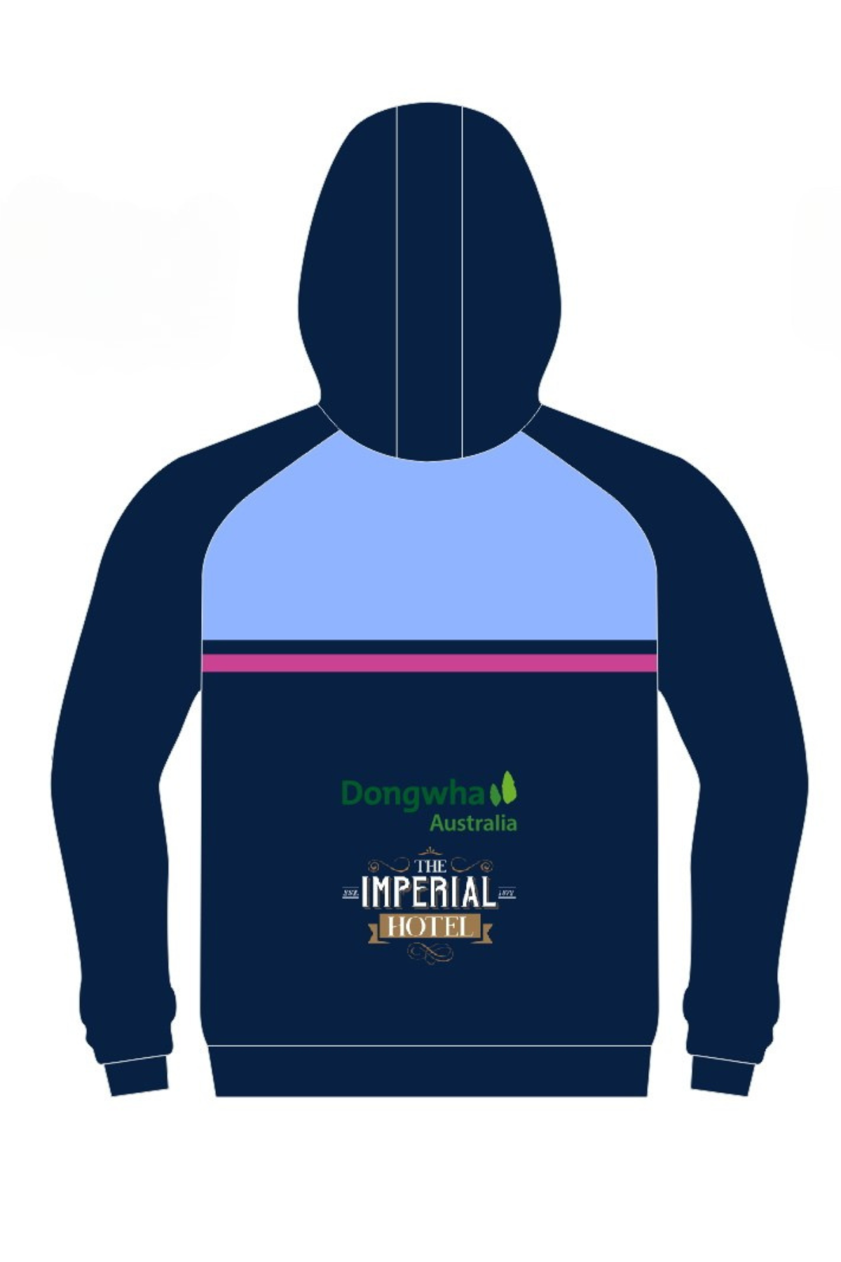 The Bombala High Heelers Full Zip Polar Fleece Hoodie, available for pre-order now, showcases navy and light blue colors with a large central hood and zip. It features logos like a rooster and knight, plus circular badges on the sleeves, complemented by vertical pink and navy stripes on the front.