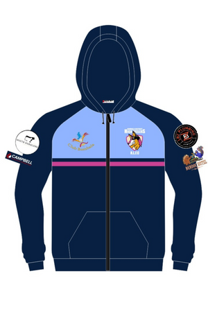 The Bombala High Heelers Full Zip Polar Fleece Hoodie, available for pre-order now, showcases navy and light blue colors with a large central hood and zip. It features logos like a rooster and knight, plus circular badges on the sleeves, complemented by vertical pink and navy stripes on the front.