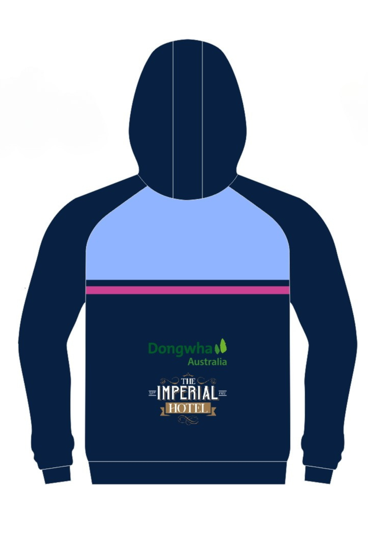 Back view of the Bombala High Heelers Pullover Cotton Lined Hoodie in navy with a light blue panel and pink stripe across the shoulders. "Dongwha Australia" and "The Imperial Hotel" logos on the back. This pre-order item requires a minimum order quantity.
