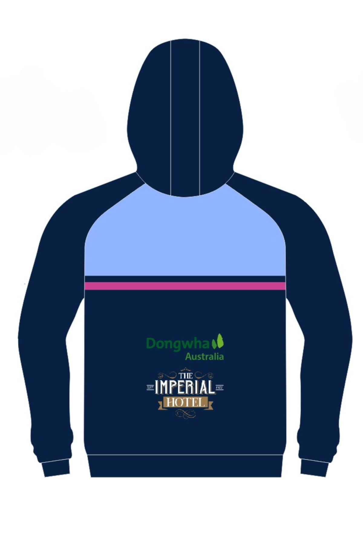 The Bombala High Heelers Pullover Cotton Lined Hoodie features navy blue with light blue at the top and a pink stripe, front pocket, multiple logos like Club Doncaster and Pitchworks, drawstring hood. Available for pre-order.