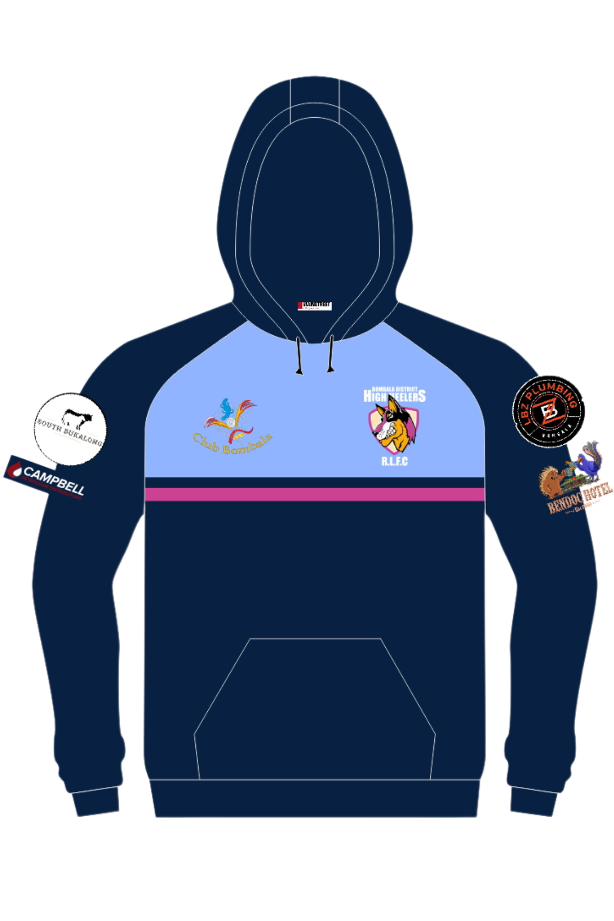 The Bombala High Heelers Pullover Cotton Lined Hoodie features navy blue with light blue at the top and a pink stripe, front pocket, multiple logos like Club Doncaster and Pitchworks, drawstring hood. Available for pre-order.