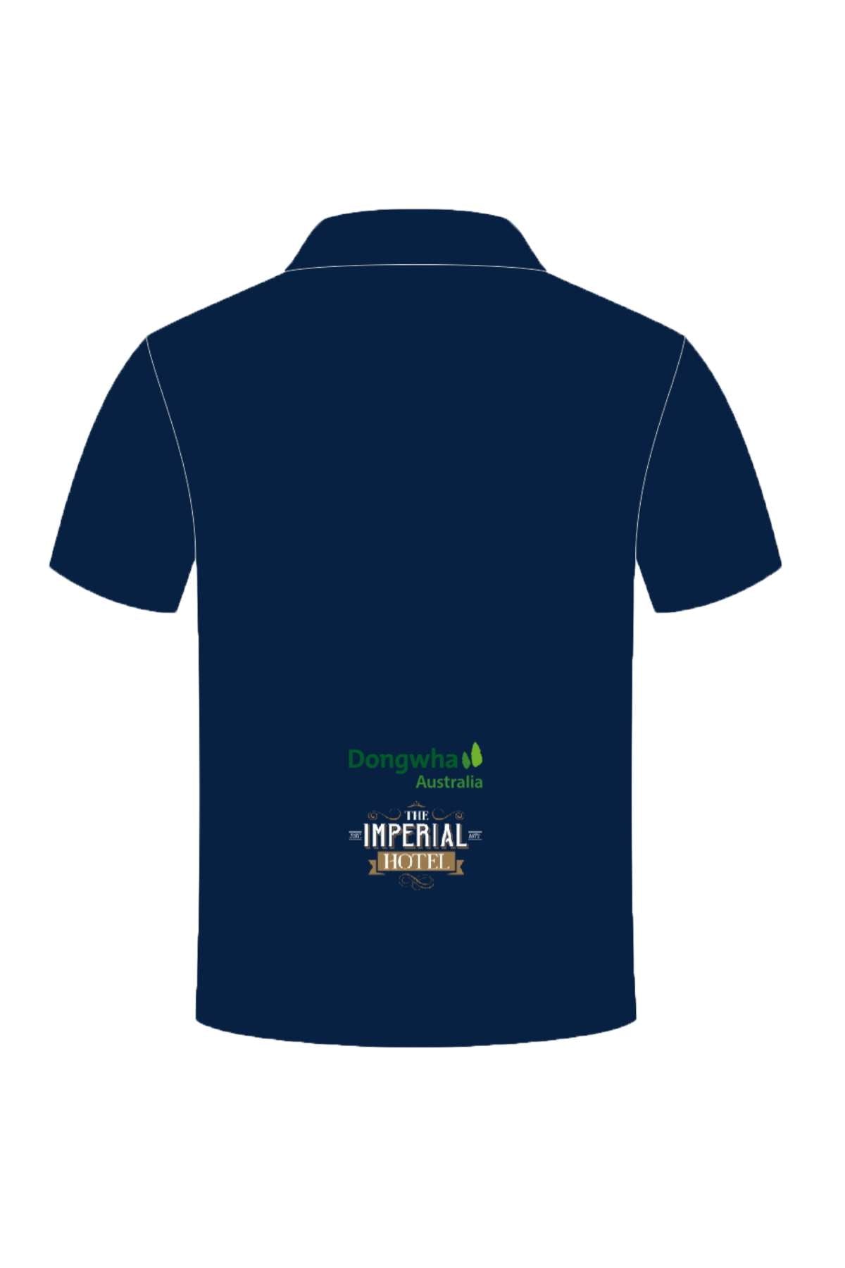 The Bombala High Heelers Sublimated Club Polo features a navy blue base with eye-catching green and blue stripes on the upper half, adorned with unique bird and kangaroo logos on the front, plus sponsor logos on the sleeves. Pre-order now to secure your style!.