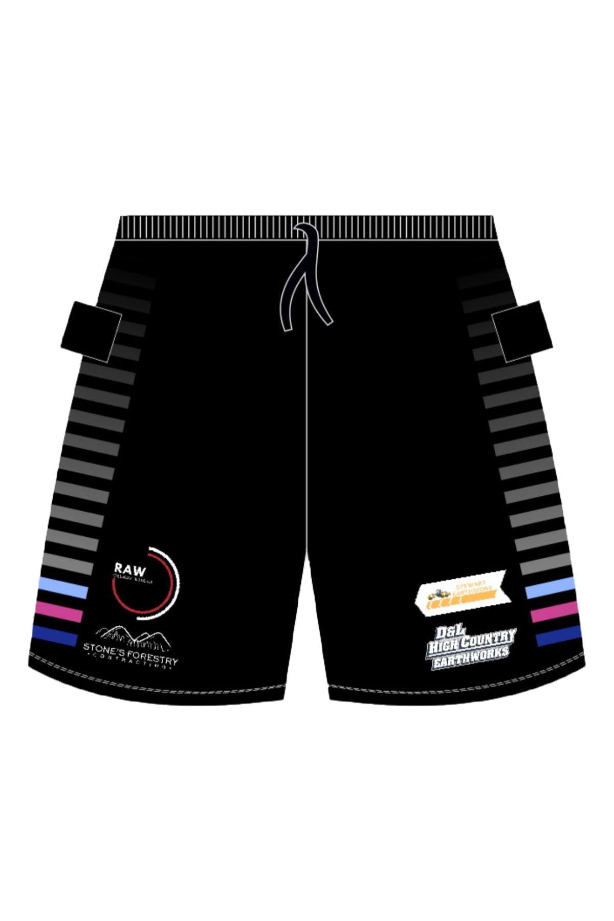 The Bombala High Heelers Training Shorts, available for pre-order, feature a modern design with black fabric, gray stripes, and drawstrings. They showcase logos such as "RAW," "Stoney Creek Property," "High Country Earthworks," and another blurred print on an elastic waistband.