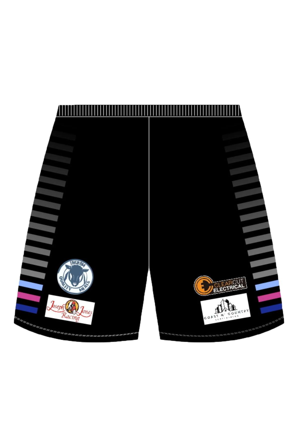 The Bombala High Heelers Training Shorts, available for pre-order, feature a modern design with black fabric, gray stripes, and drawstrings. They showcase logos such as "RAW," "Stoney Creek Property," "High Country Earthworks," and another blurred print on an elastic waistband.