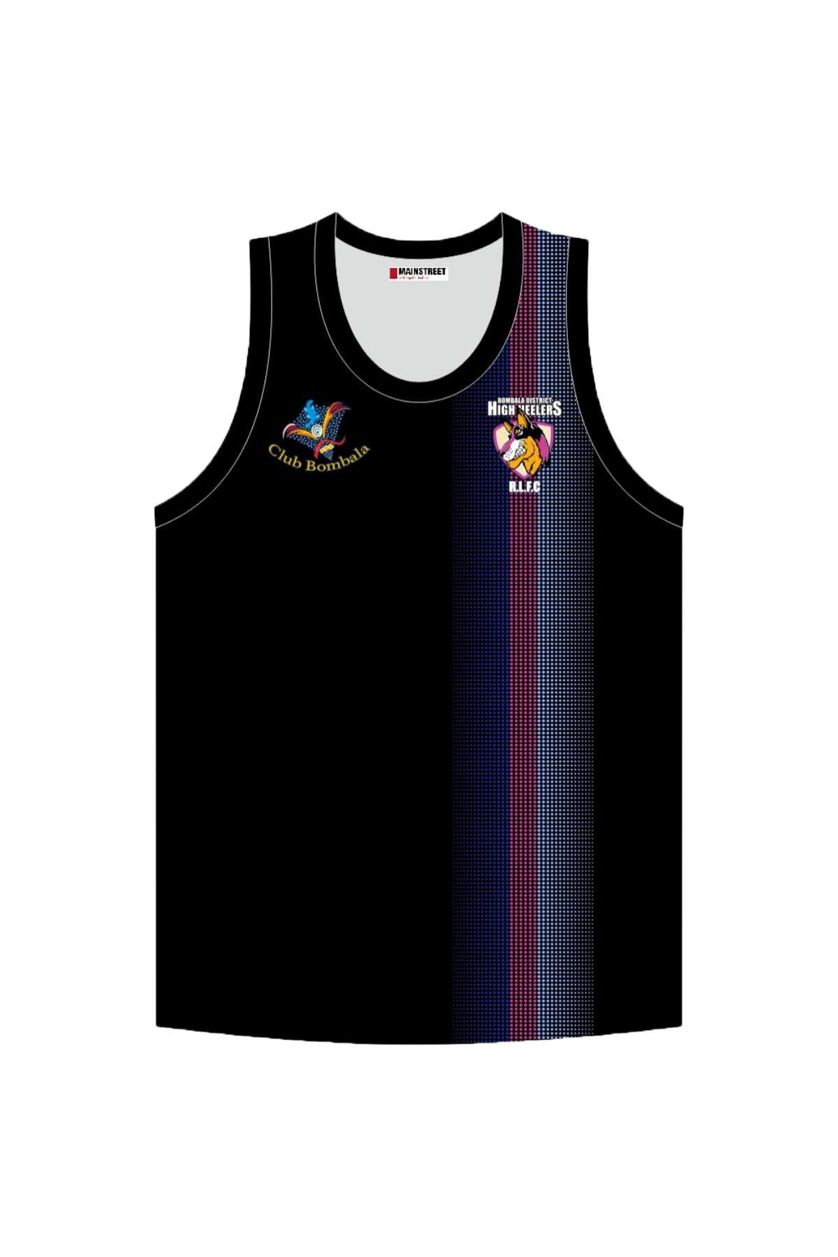 The Bombala High Heelers Training Singlet is sleeveless with a digital-style blue and magenta stripe on the right, featuring the "Club Bombala" logo on the left chest and "High Plains RLFC" emblem on the right. Perfect for fans and available now for pre-order!.