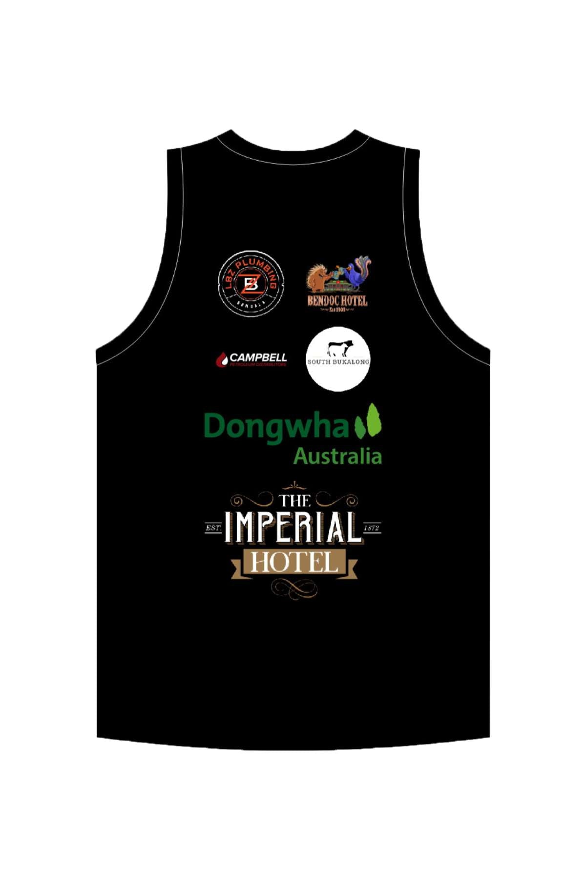 The Bombala High Heelers Training Singlet features logos like "Benalla Bushrangers," a kangaroo, "Bendoc Hotel," "Dongwha Australia," and "The Imperial Hotel." Smaller logos are scattered throughout, perfect for fans. Available for pre-order now.
