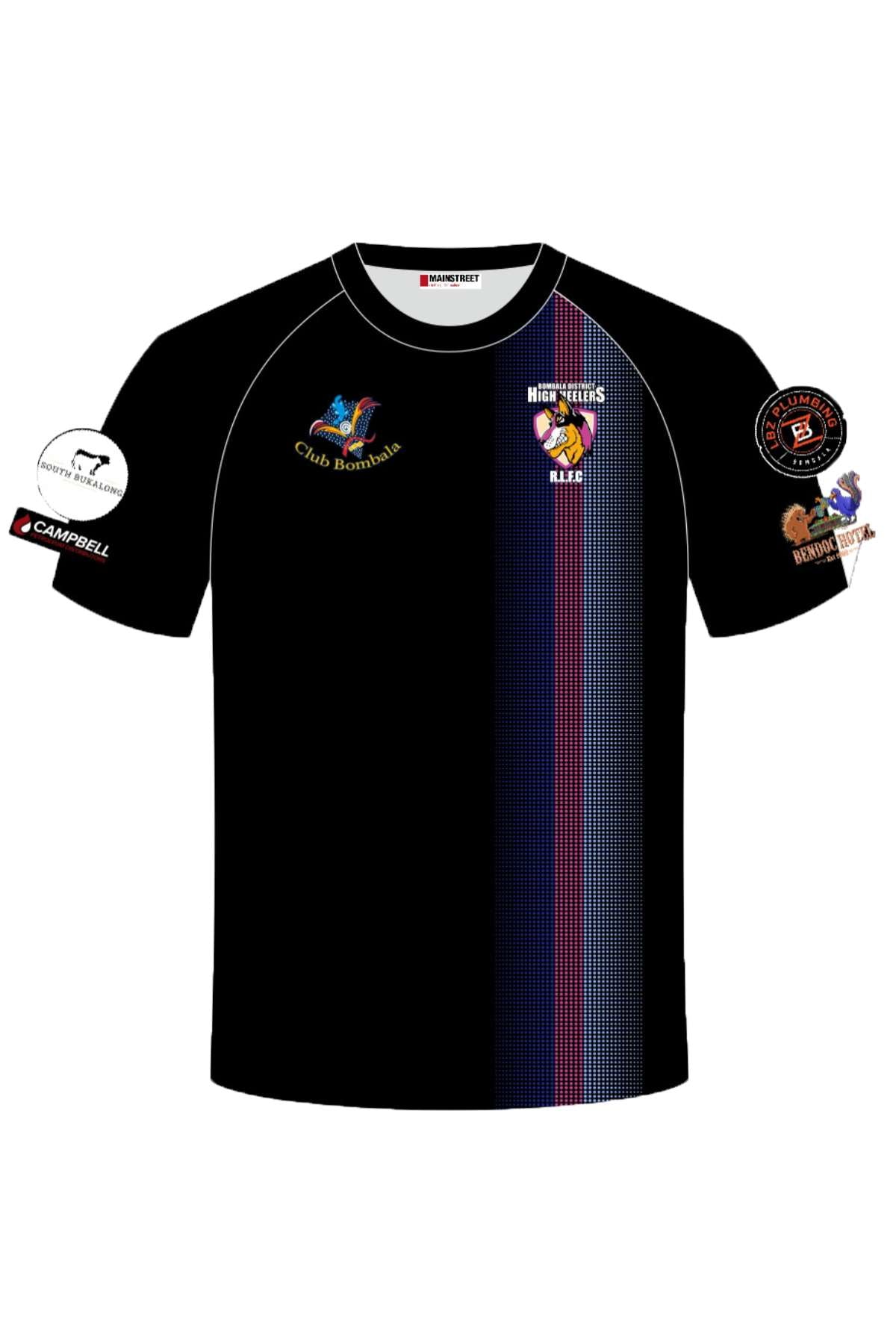 Introducing the Bombala High Heelers Training Tee: a black jersey with colorful logos. It features Club Boniballs on the front left, Highfields MJAFC on the right, and names like Campbell on the sleeves. Pre-order now to flaunt this stylishly striped tee in your High Heelers adventures!.