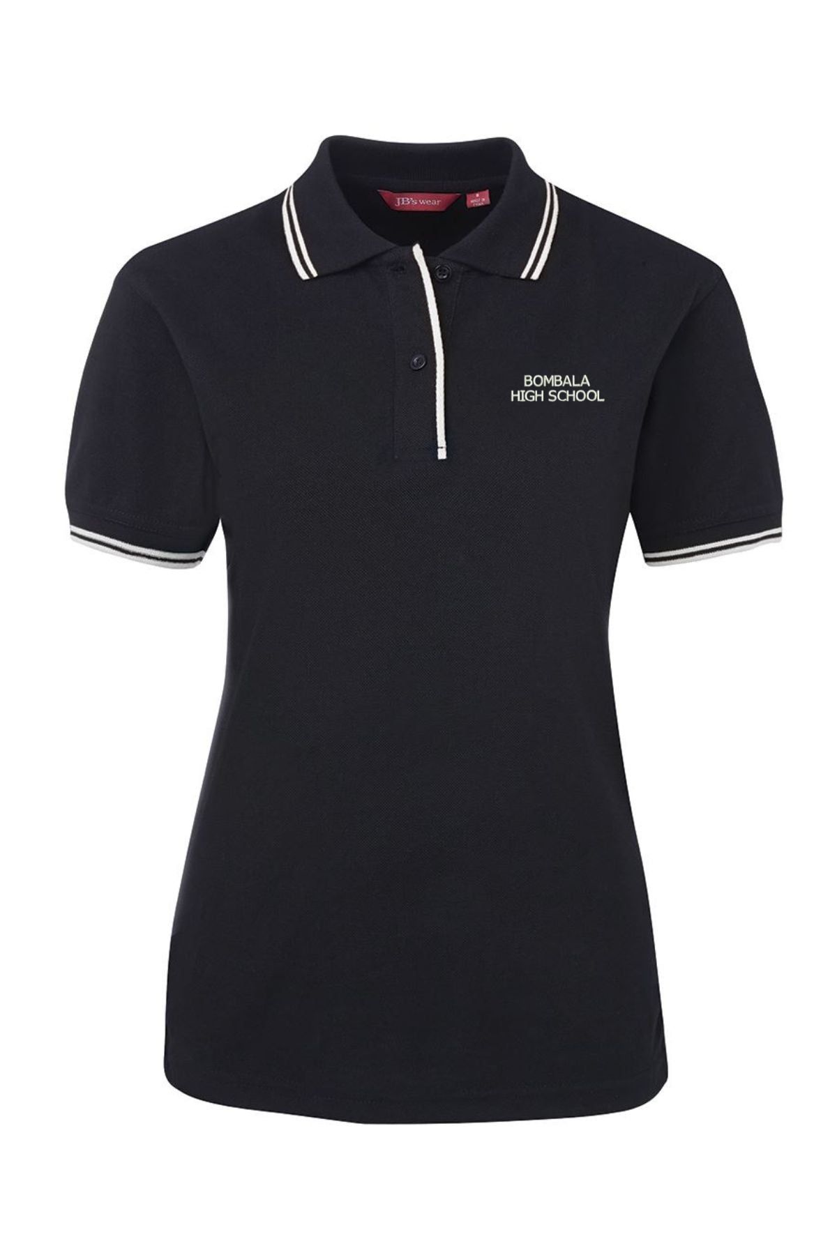 The Bombala High School Ladies Contrast Polo PRE-ORDER is a black polo with white trim, featuring "Bombala High School" embroidered on the left chest—an ideal, stylish touch for any school uniform.