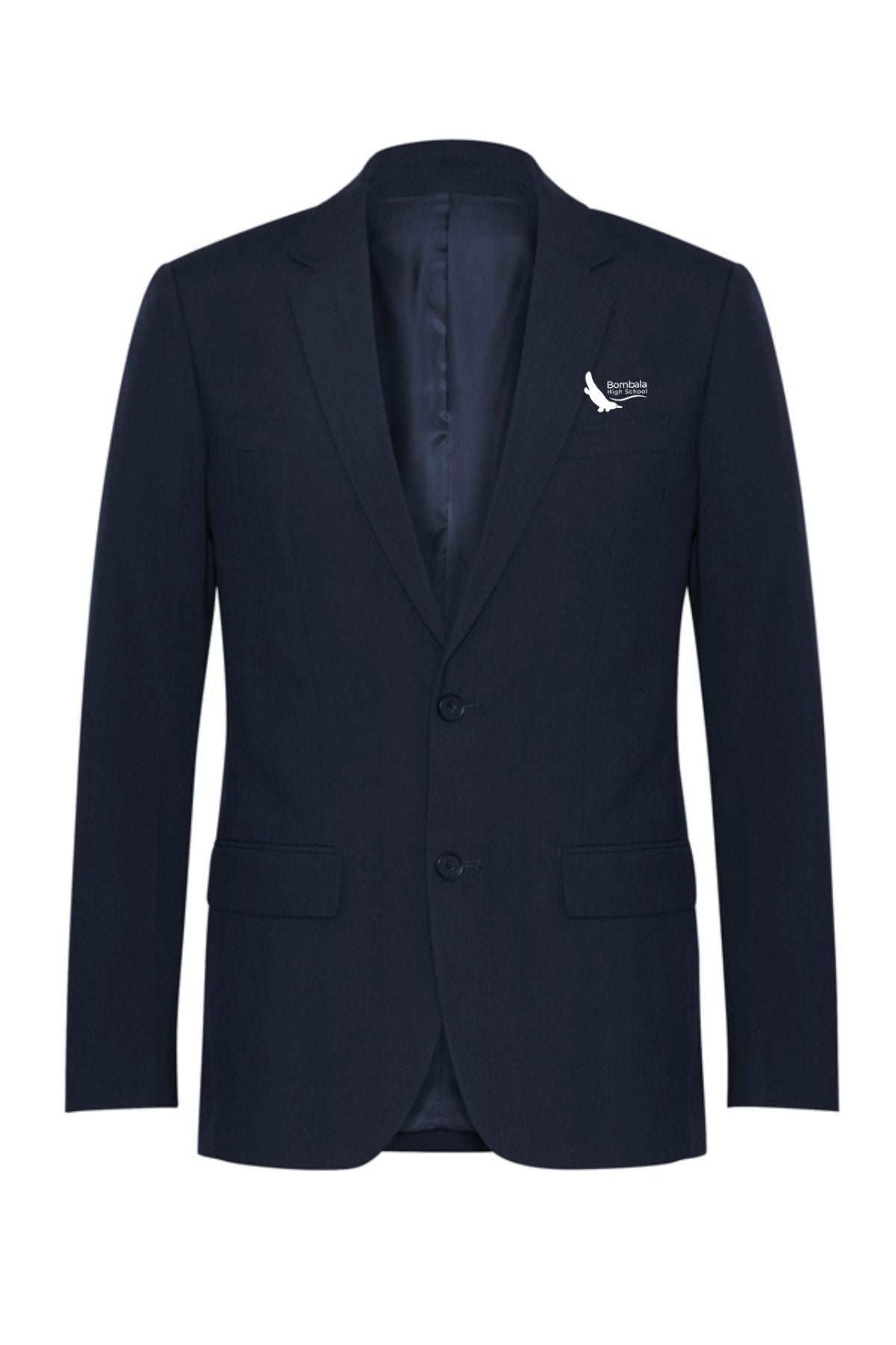 The Bombala High School Mens Blazer PRE-ORDER is a dark navy custom blazer with two buttons, two front pockets, a notched lapel, and the left chest embroidered with a white eagle logo and the words "Bardon Solutions.