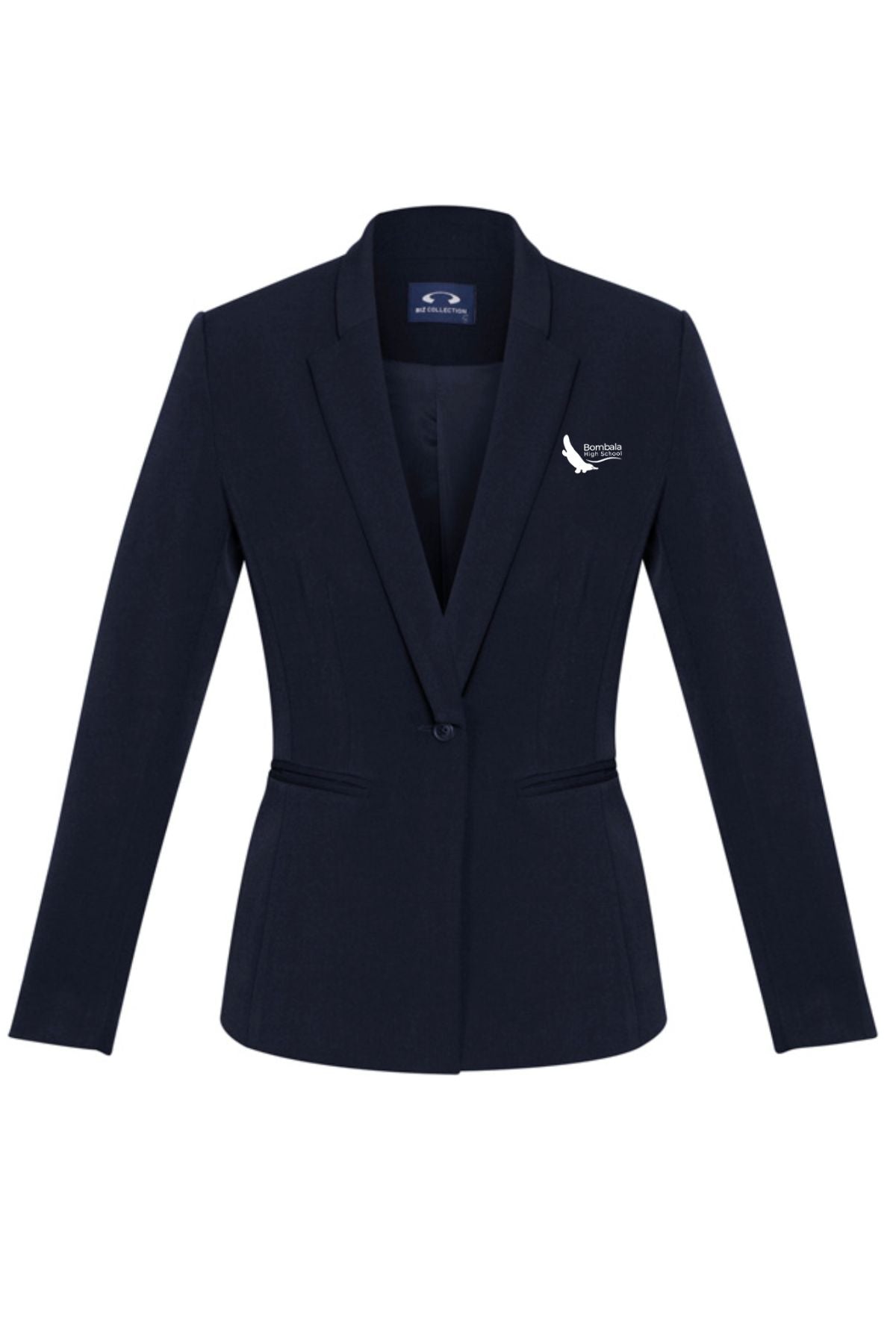 The Bombala High School Ladies Blazer PRE-ORDER is a tailored dark navy blazer with a single button, notched lapels, and an embroidered white bird logo plus "Peraton" text on the left chest for a custom school uniform look.
