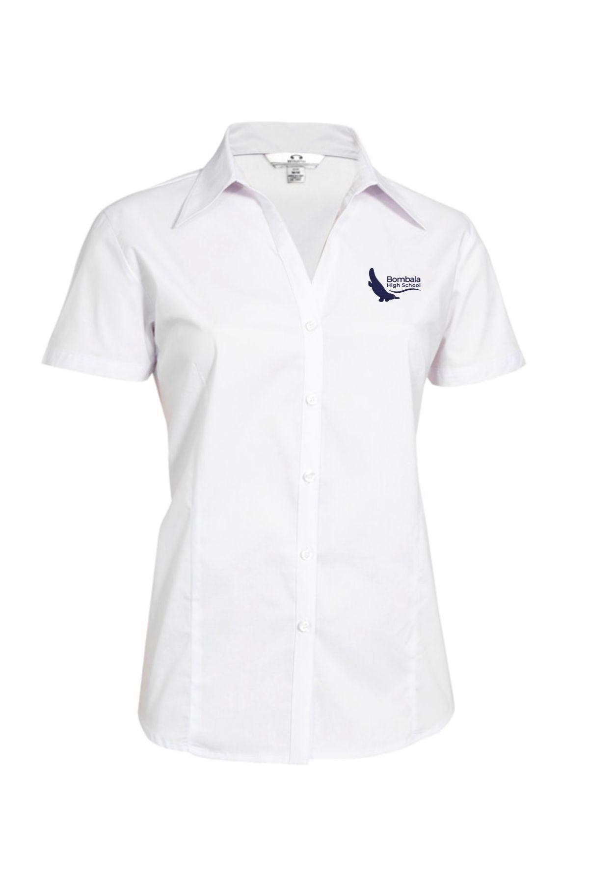 The Bombala High School Ladies Short Sleeve Shirt (pre-order) is a white collared school uniform with short sleeves and a small embroidered left chest logo of a stylized bird and "Barnados Australia" text.