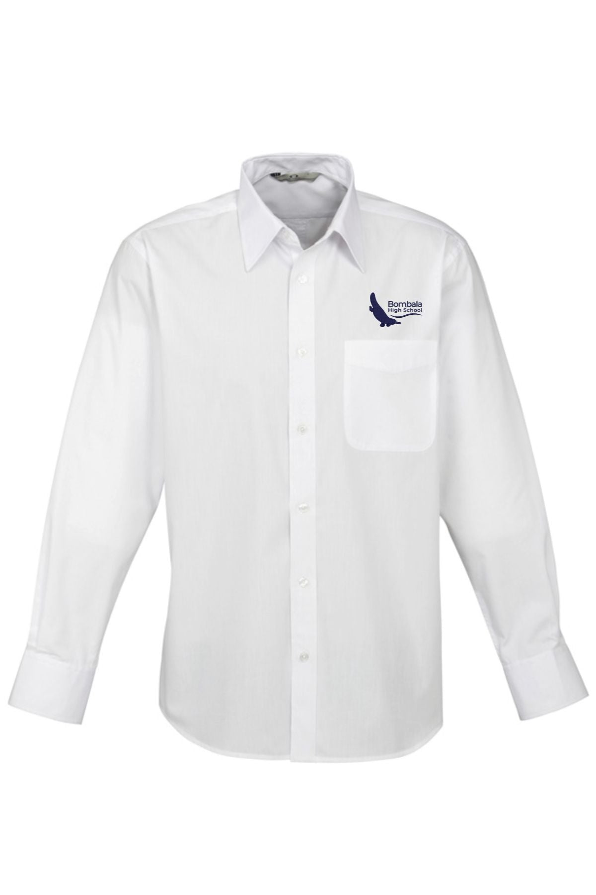 The Bombala High School Mens Long Sleeve Shirt PRE-ORDER is a white men's shirt with a front pocket and a small embroidered bird logo with text on the left chest, ideal as part of the Bombala High School uniform.