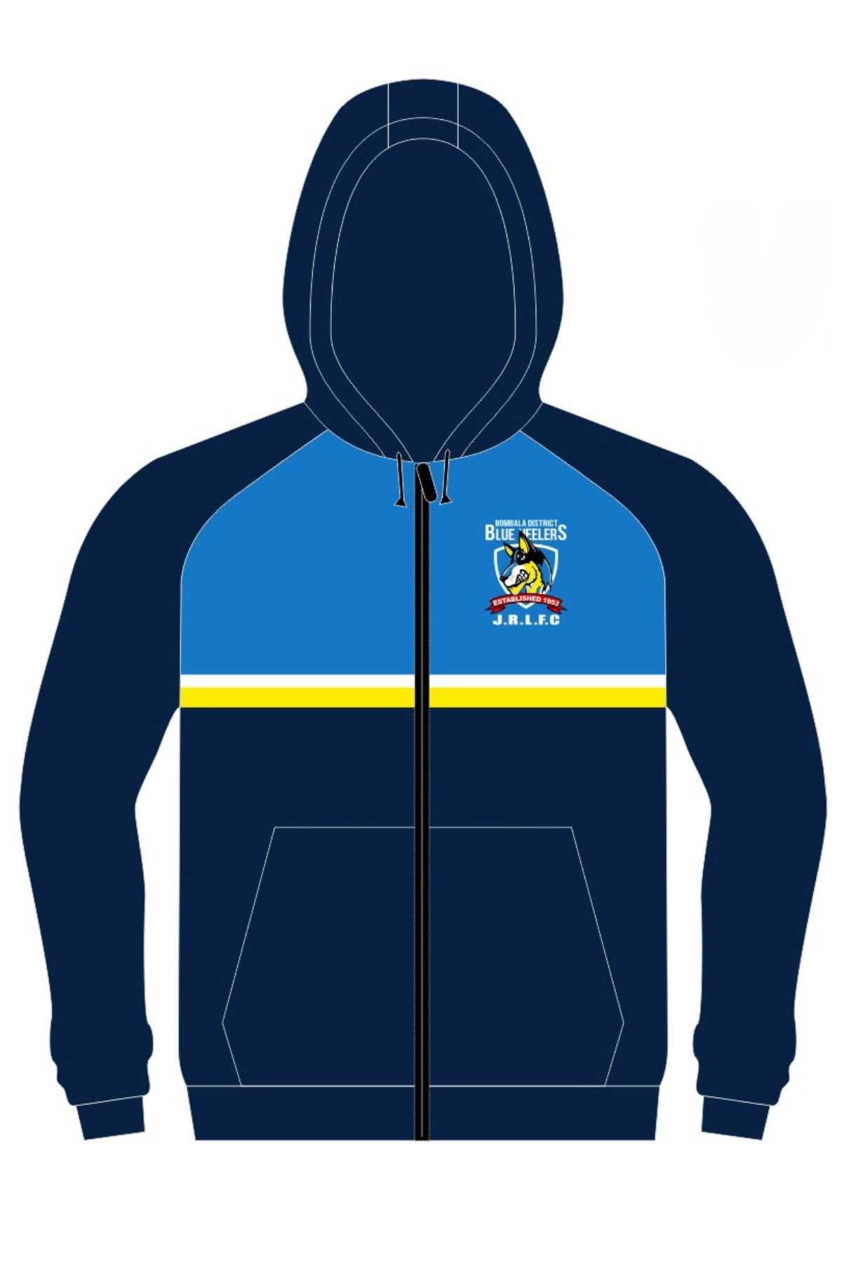 Stay warm in the Bombala Junior Blue Heelers Full Zip Polar Fleece Lined Hoodie! Navy and blue with yellow and white chest stripe, team logo with rugby player and "Butchers J.R.L.F.C." on left chest. Pre-order now!.