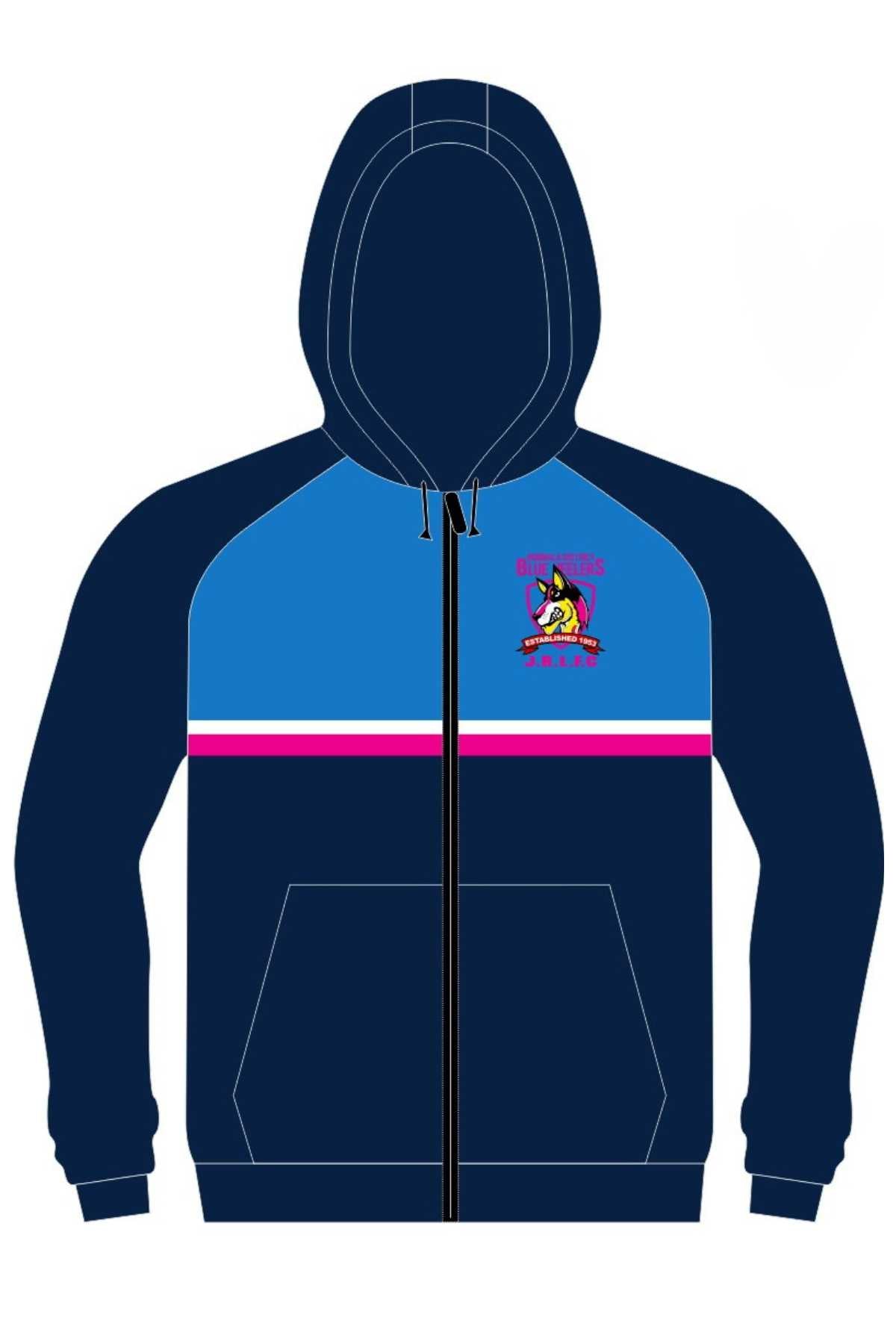 The Bombala Junior Blue Heelers Full Zip Polar Fleece Lined Hoodie features a navy and blue design, front zipper, cozy fleece lining, front pockets, long sleeves, and is available for pre-order.
