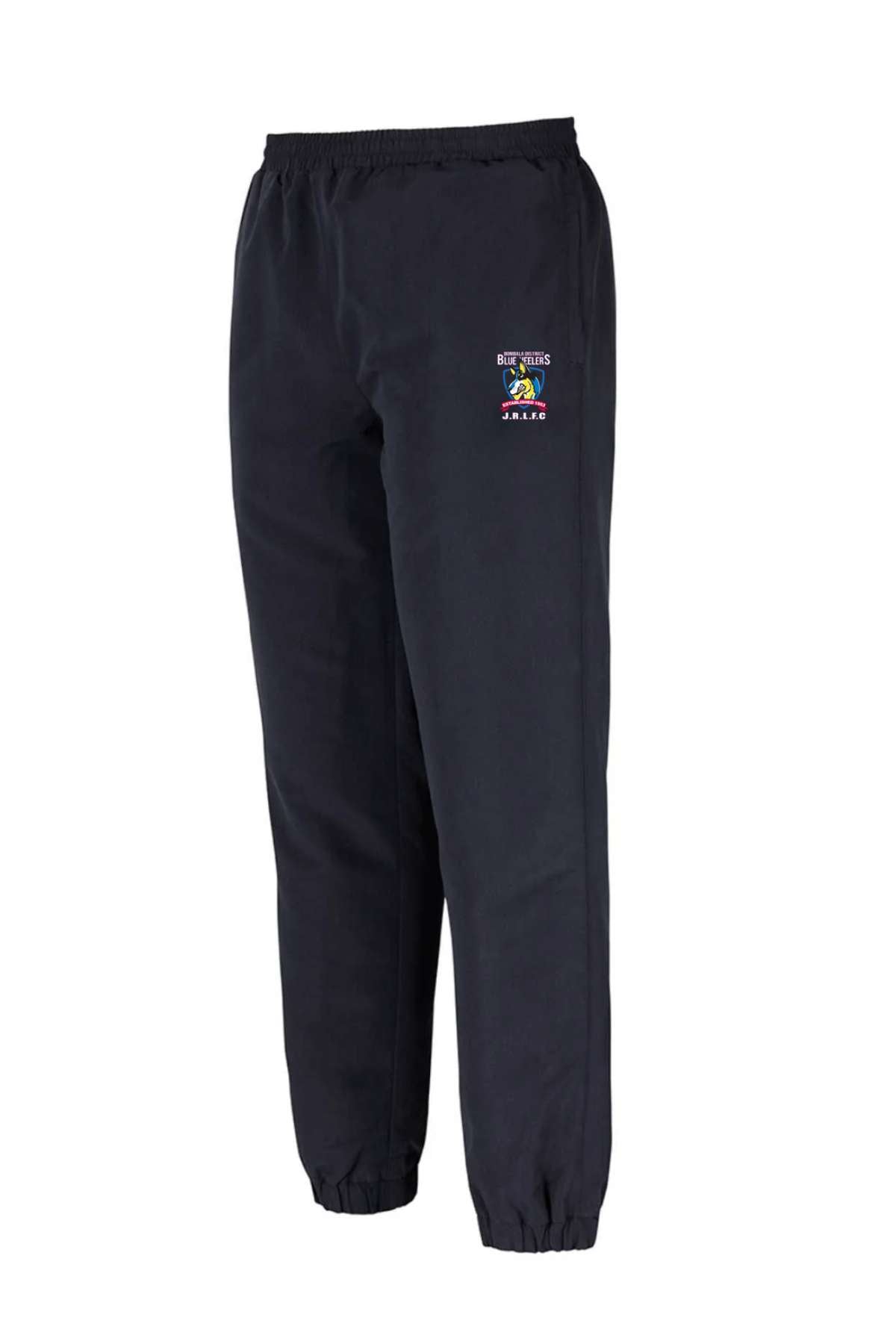 Bombala Junior Blue Heelers Trackpant PRE-ORDER : Black kids trackpants with elastic waistband and cuffs, plus a colorful embroidered Bombala Junior Blue Heelers logo and text on the upper left thigh. Displayed on a white background.