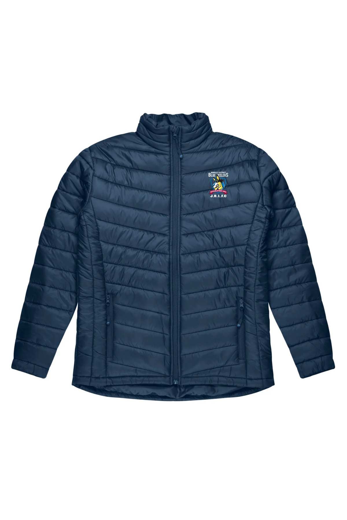 Pre-order the Bombala Junior Blue Heelers Puffer Jacket: navy blue, quilted design with front zipper, two zippered side pockets, and a colorful "Penguins Brazil" patch on the left chest—perfect for junior fans!.
