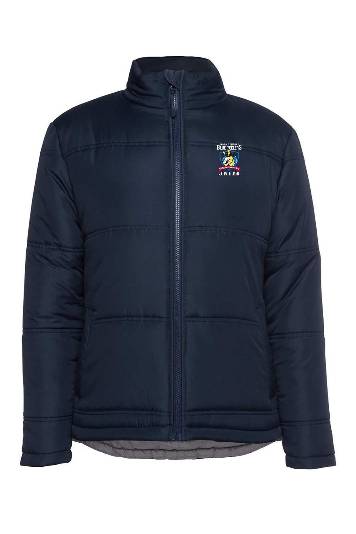 The Bombala Junior Adults Blue Heelers Puffer Jacket (navy blue) features a front zipper, high collar, horizontal stitching, and a small embroidered logo on the left chest. Available now for pre-order.