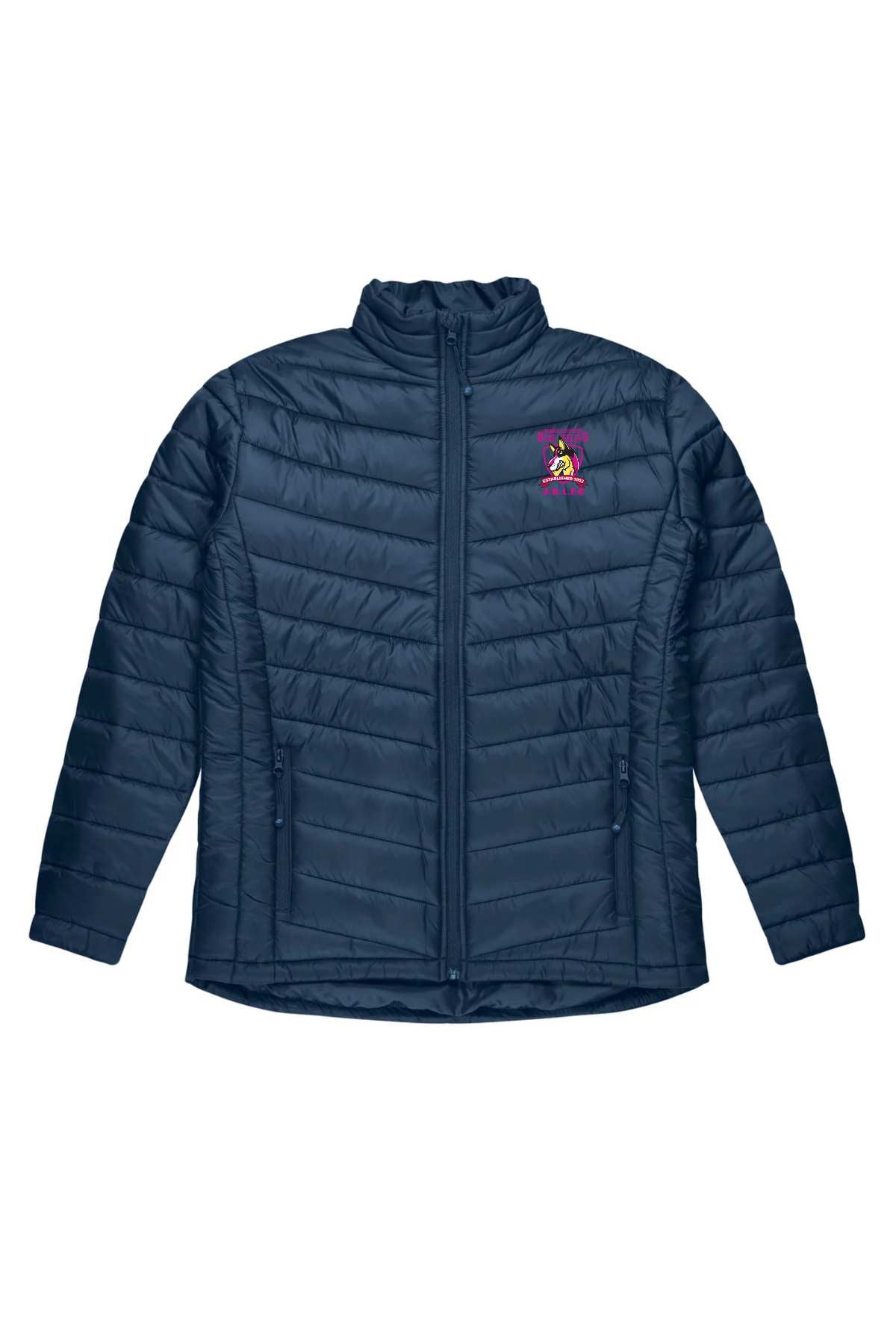 Pre-order the Bombala Junior Blue Heelers Puffer Jacket—a navy blue quilted jacket from the Clubhouse Collection with a front zipper, two zippered side pockets, and a small, colorful embroidered unicorn logo on the chest.