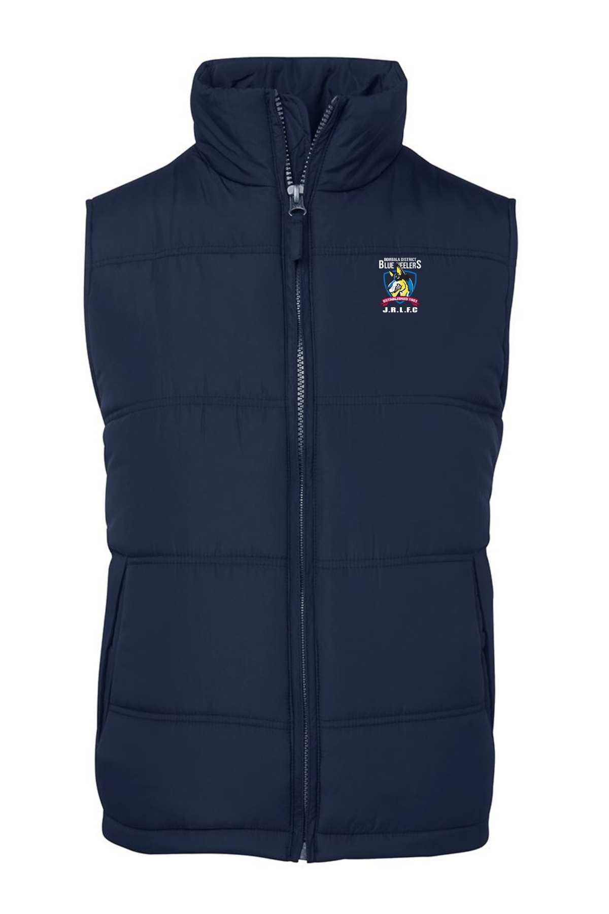 Bombala Junior Adults Blue Heelers Puffer Vest features a navy blue design, front zipper, two side pockets, and an embroidered left chest logo with text and a colorful design. Pre-order this stylish vest now!.