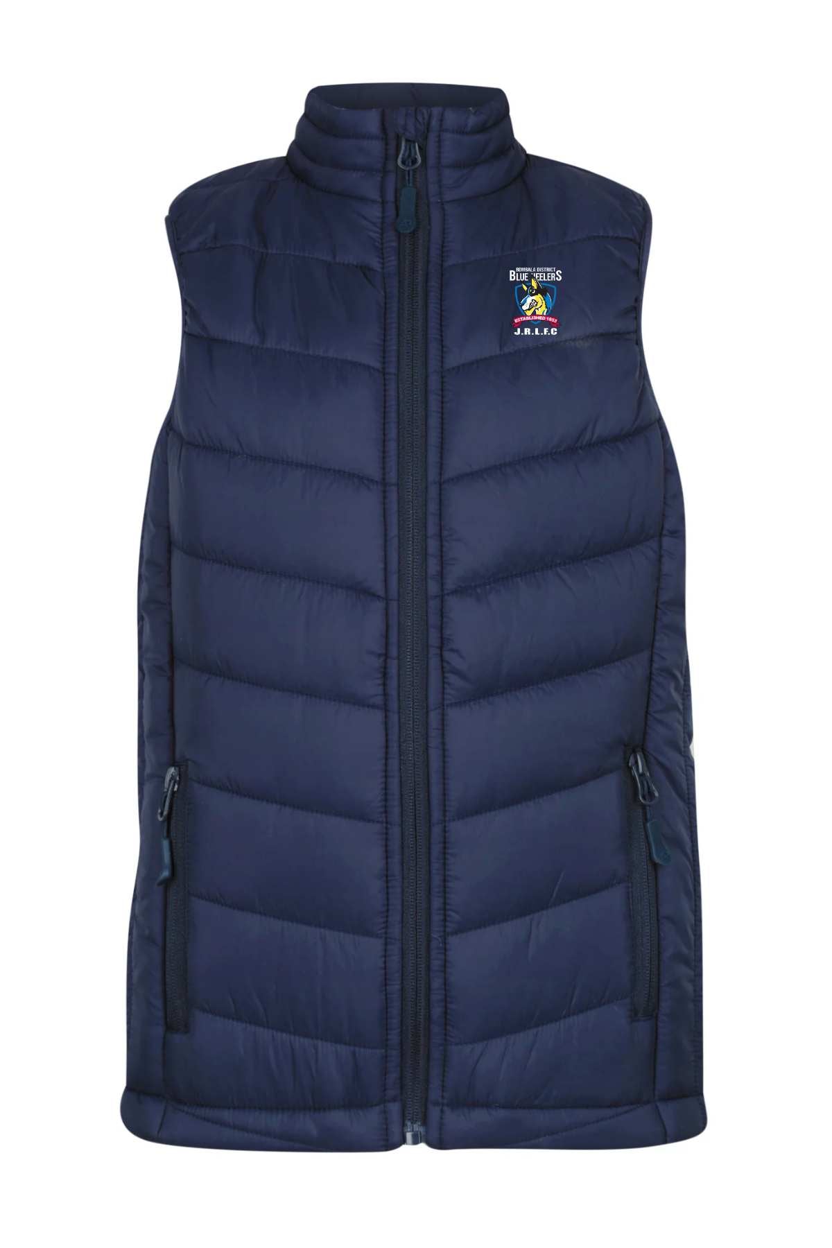 The Bombala Junior Blue Heelers Puffer Vest, featuring a navy quilted design with zip front and side pockets, is now available for pre-order.