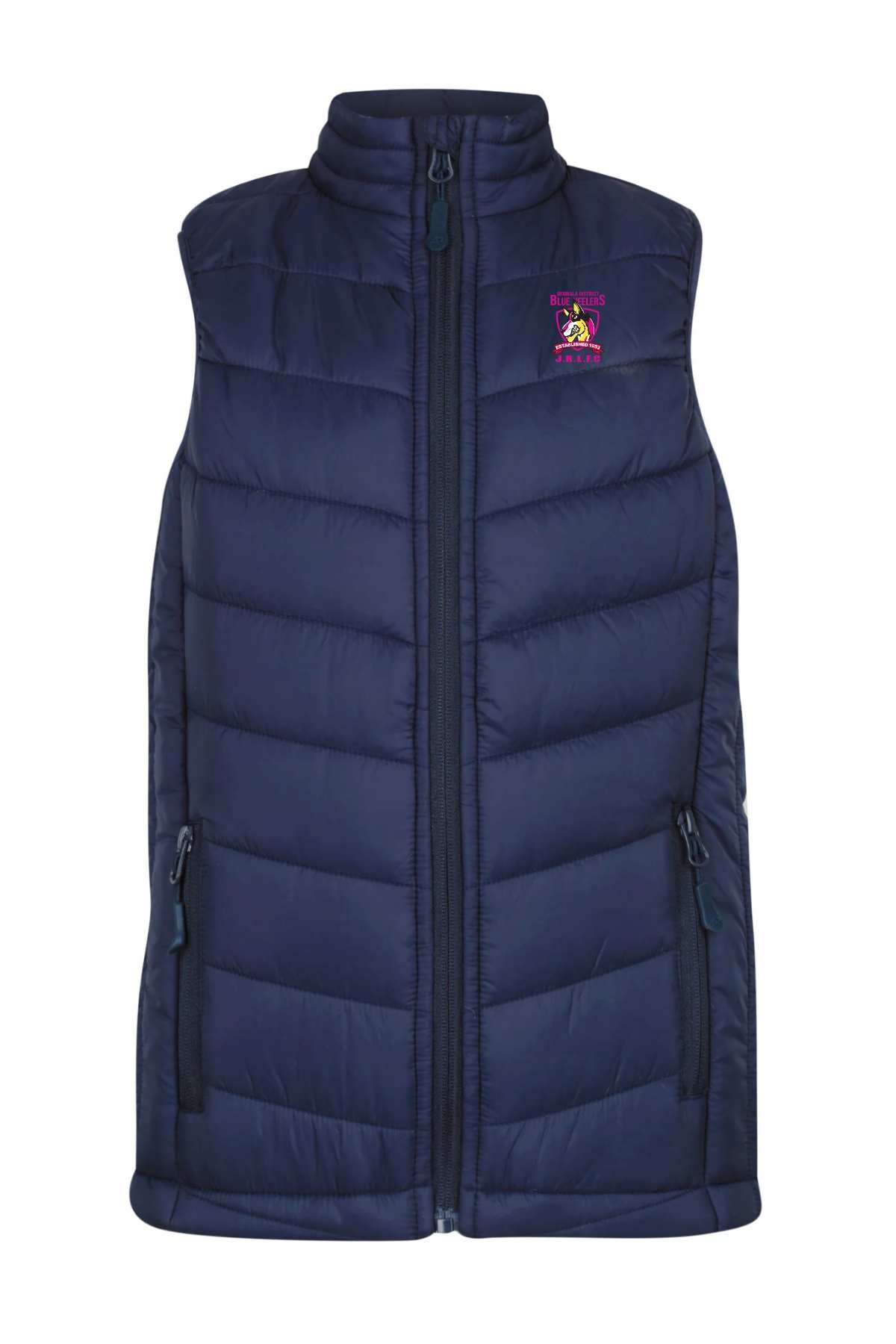 The Bombala Junior Blue Heelers Puffer Vest is navy blue, sleeveless, with a front zipper, two zippered pockets, and an embroidered chest logo. Now available for pre-order; minimum order quantity applies.