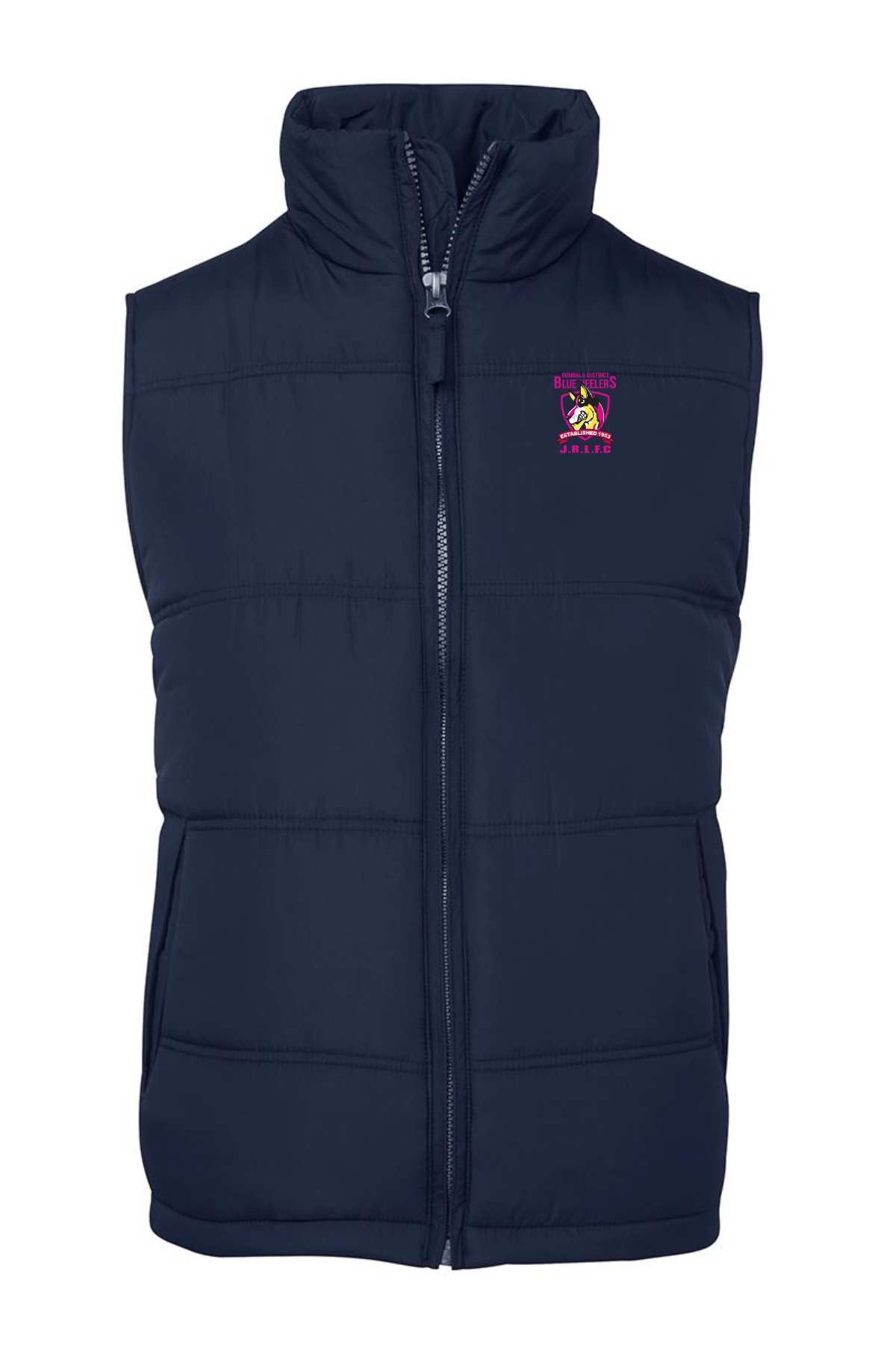 The Bombala Junior Adults Blue Heelers Puffer Vest features a navy blue design, front zipper, two side pockets, and an embroidered logo with a horse and rider plus text above and below on the left chest. PRE-ORDER.