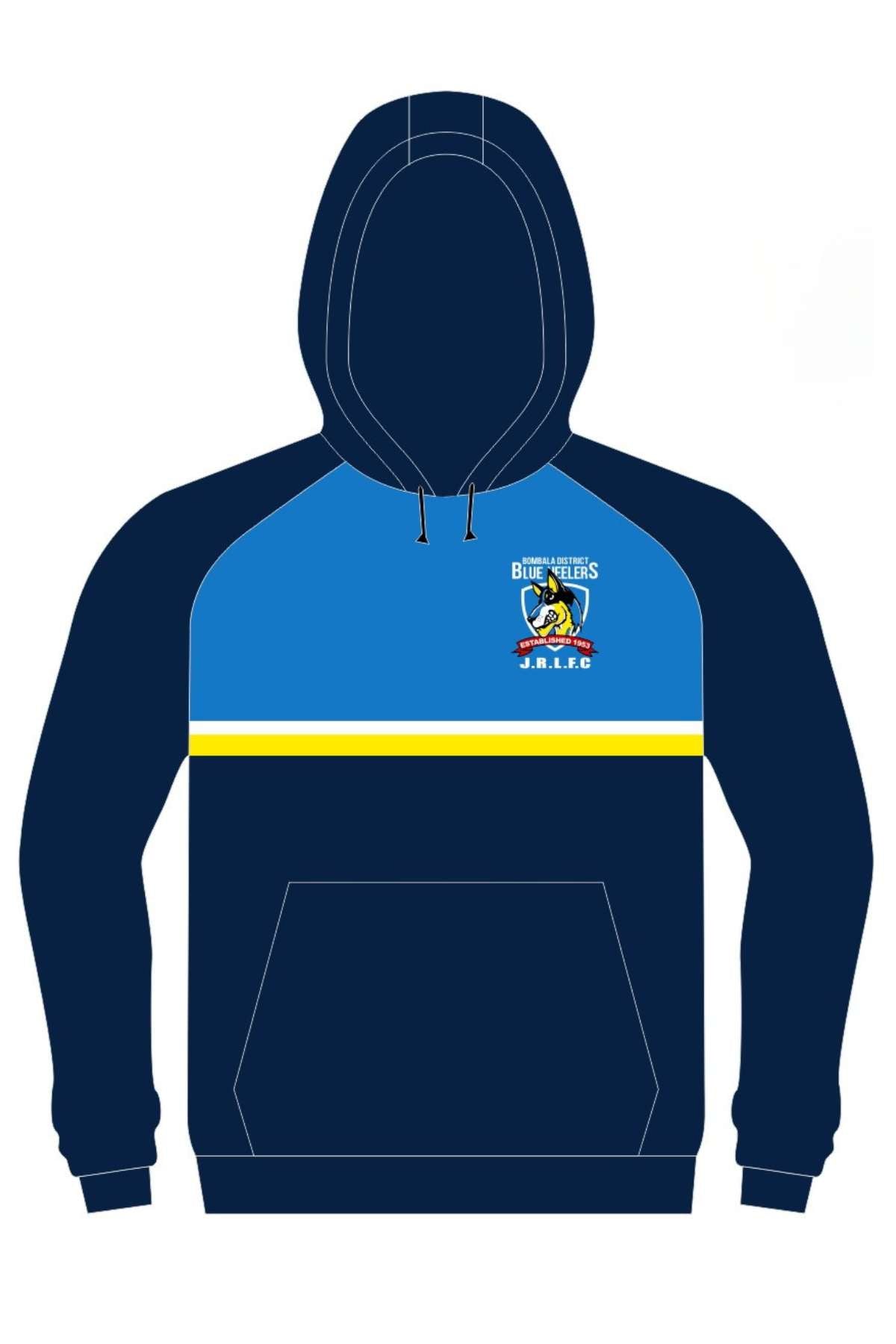 Pre-order the Bombala Junior Blue Heelers Pullover Cotton Lined Hoodie! Navy with a light blue chest panel, yellow stripe, front pouch pocket, and colorful pirate logo—perfect for Buccaneers J.R.L.F.C. fans.