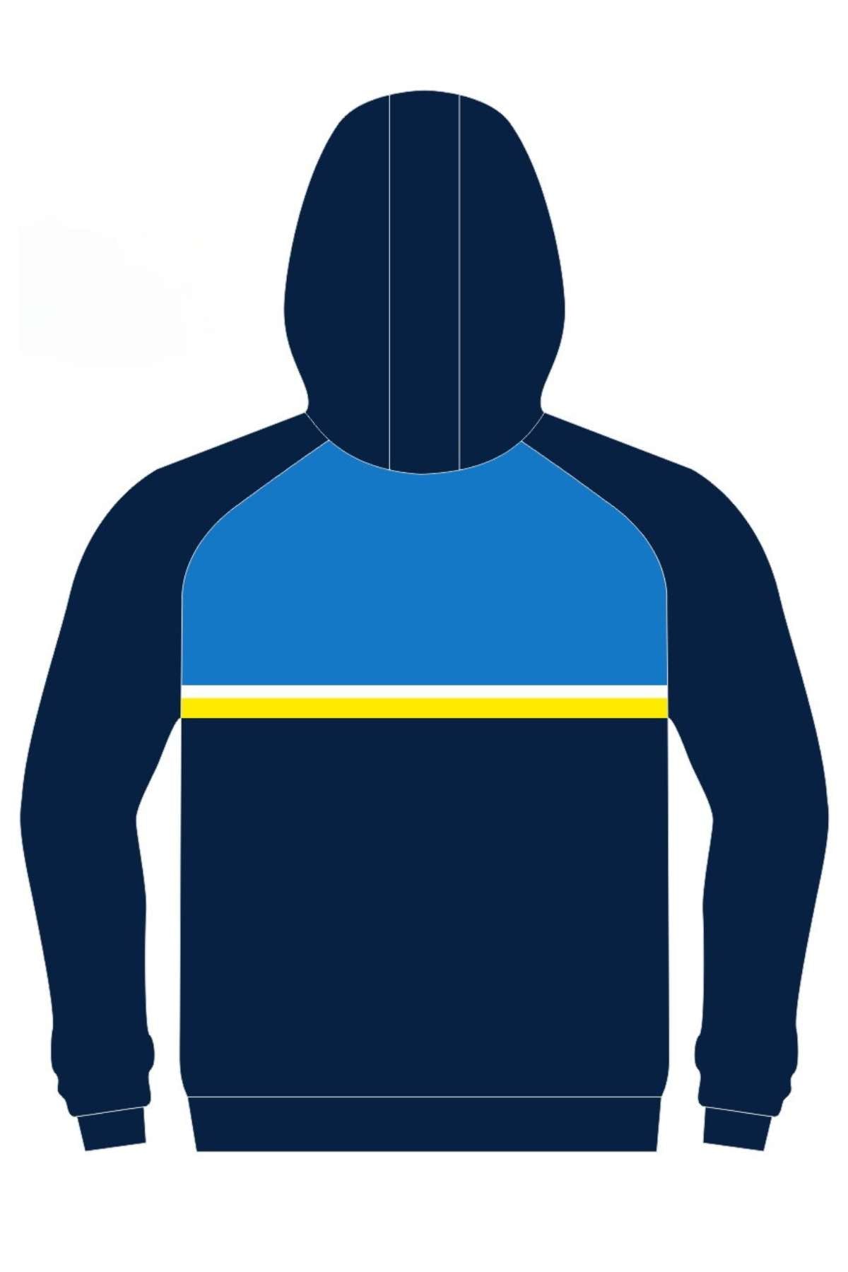 The Bombala Junior Blue Heelers Pullover Cotton Lined Hoodie PRE-ORDER is a navy blue kids' hoodie with a light blue upper section and a yellow chest stripe. This junior pullover has long sleeves and no visible logos—ideal for young fans.