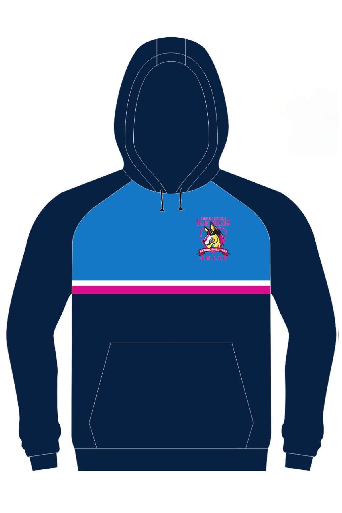 The Bombala Junior Blue Heelers Pullover Cotton Lined Hoodie PRE-ORDER is a navy and blue kids' hoodie with a front pocket, pink, white, and blue stripe detail, colorful penguin logo with text on the left chest, and soft cotton lining.
