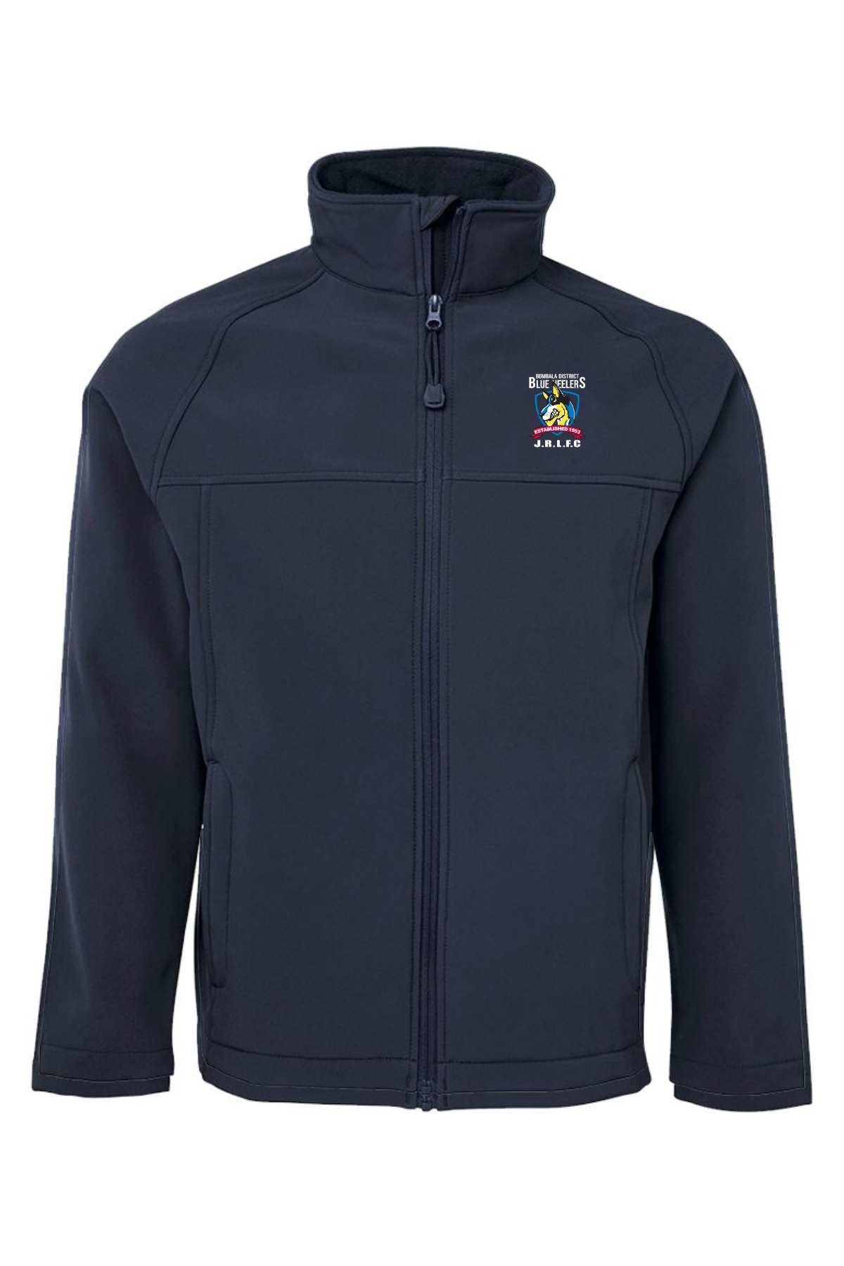 Navy blue zip-up Bombala Junior Blue Heelers Soft Shell Jacket with high collar, long sleeves, and a colorful embroidered logo on the chest above "Bermuda" and "JLLAC". Available now as a pre-order item.