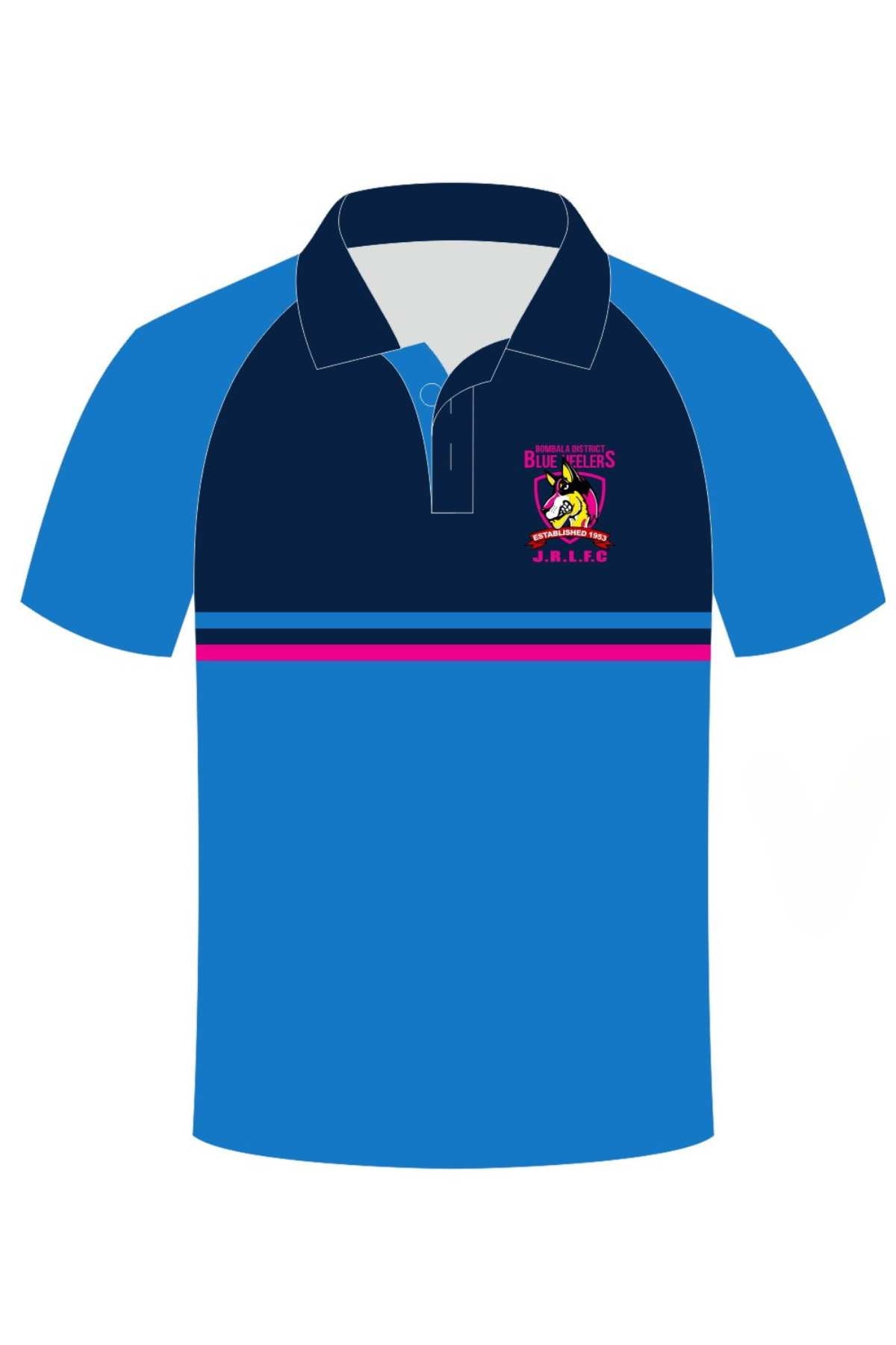 Pre-order the Bombala Junior Blue Heelers Sublimated Club Polo, a blue short-sleeved top with dark navy upper, pink and purple stripes, and a vibrant Bulldogs J.R.L.F.C logo—support the Bombala Junior Blue Heelers!.