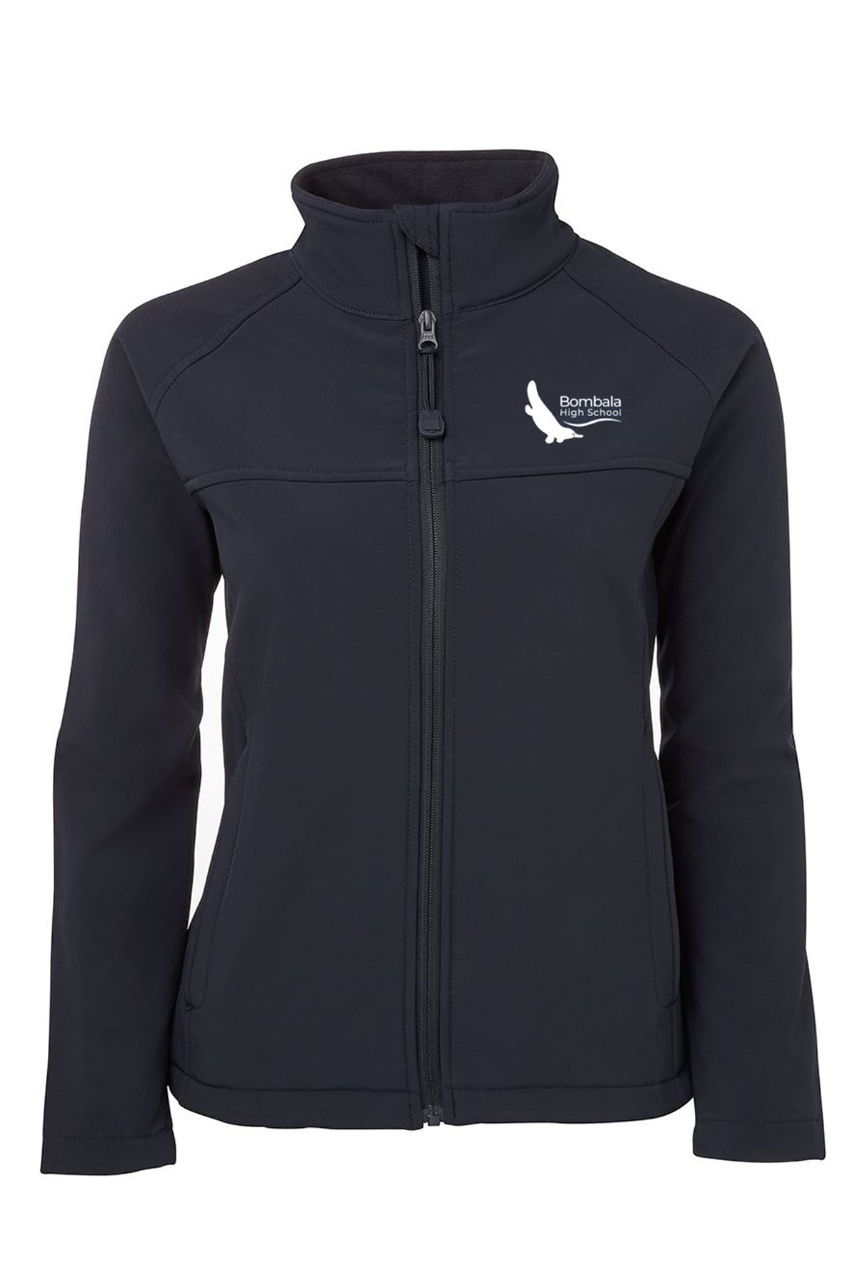 The Bombala High School Ladies Soft Shell Jacket PRE-ORDER is a black zip-up with a high collar and long sleeves, featuring "Bornbala" and a white bird silhouette embroidered on the left chest.