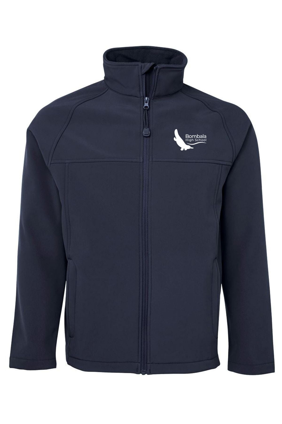 Navy blue Bombala High School Soft Shell Jacket PRE-ORDER with a high collar, long sleeves, and the school logo with a white bird and text on the left chest—perfect for your uniform.