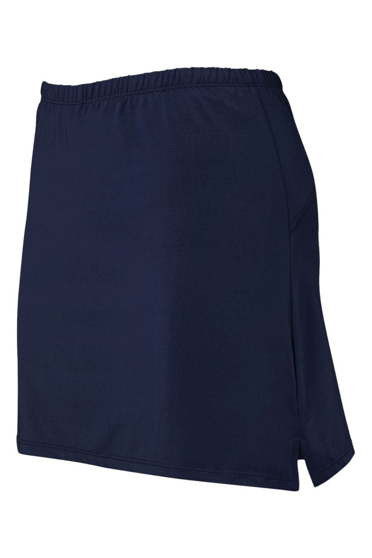 The Bombala High School Ladies Skort PRE-ORDER is a plain navy blue skirt with an elastic waistband, photographed on a white background—perfect for school uniform requirements.