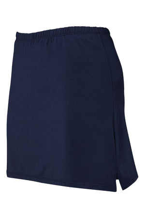 The Bombala High School Ladies Skort PRE-ORDER is a plain navy blue athletic skirt with an elastic waistband and small side slit, ideal for school uniforms. Shown on a white background; available now for pre-order.