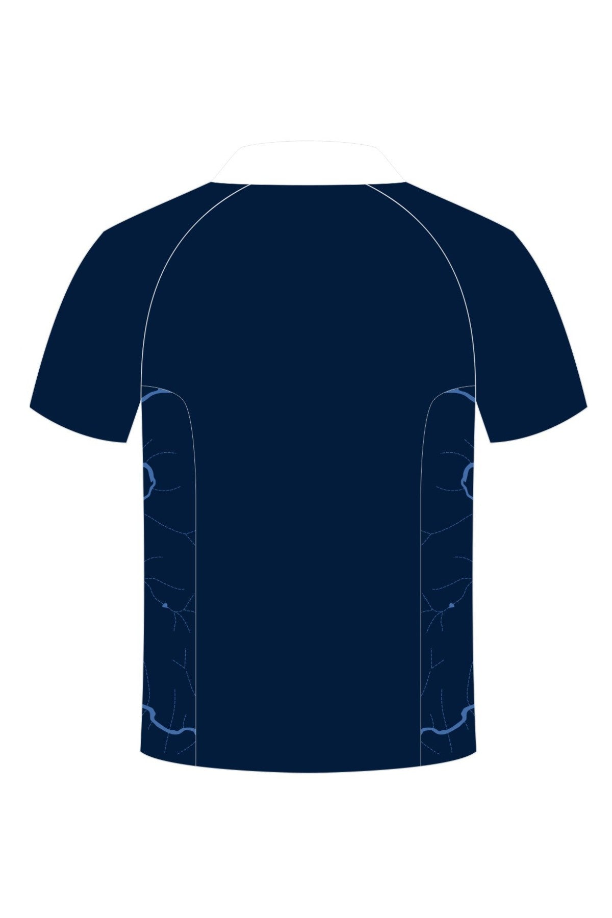 Back view of the Bombala High School Seniors Polo, a short-sleeved dark navy shirt with light blue abstract lower-side patterns and white stitching on shoulders and collar. Ideal for your seniors polo pre-order.