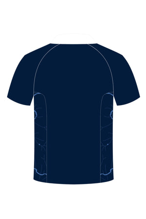 Back view of the Bombala High School Seniors Polo, a short-sleeved dark navy shirt with light blue abstract lower-side patterns and white stitching on shoulders and collar. Ideal for your seniors polo pre-order.