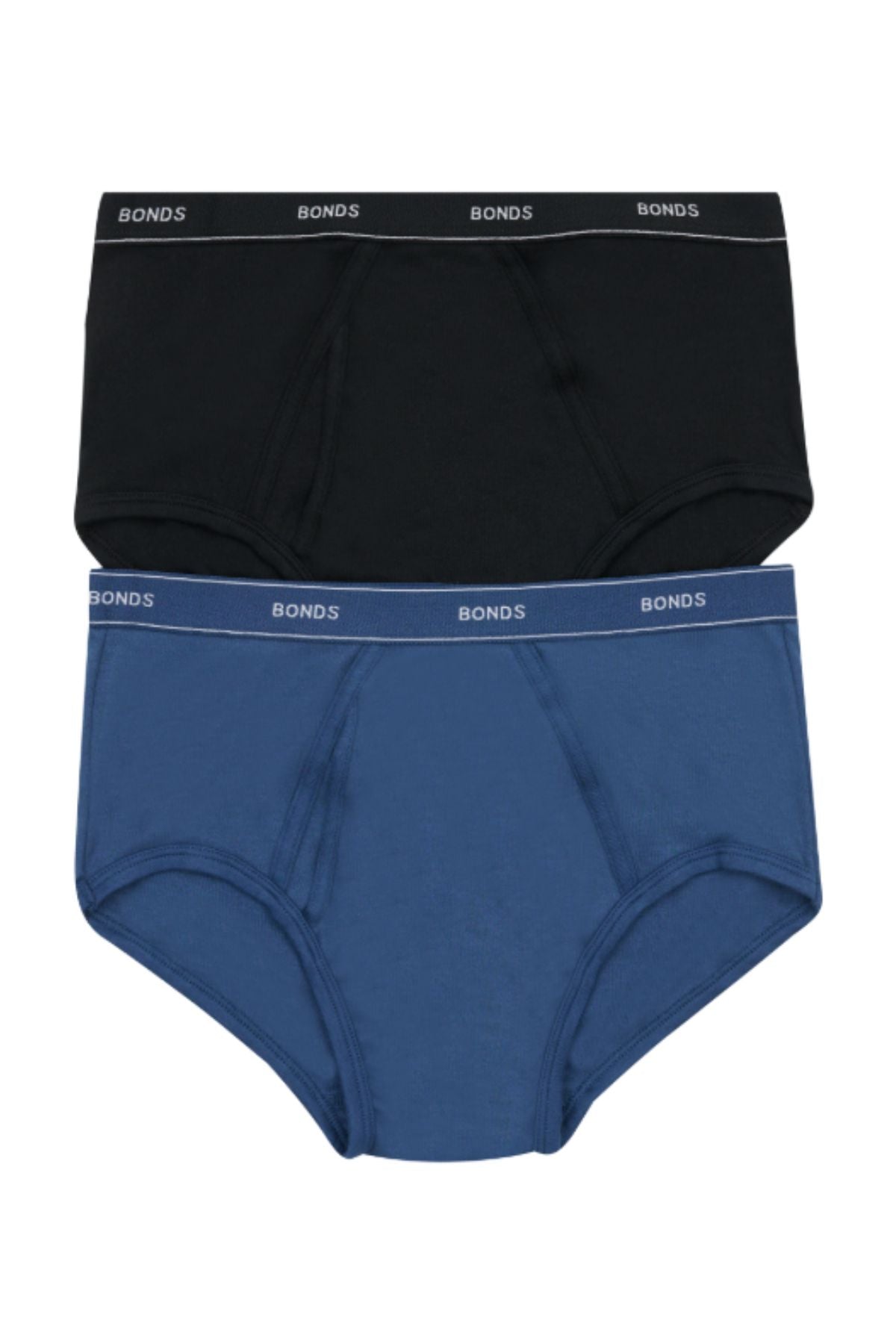 The Bonds Comfort Brief 2PK includes two men’s briefs—one black, one blue—with black waistbands featuring white "BONDS" text. Laid flat on a white background, these briefs offer comfort and style for everyday wear.
