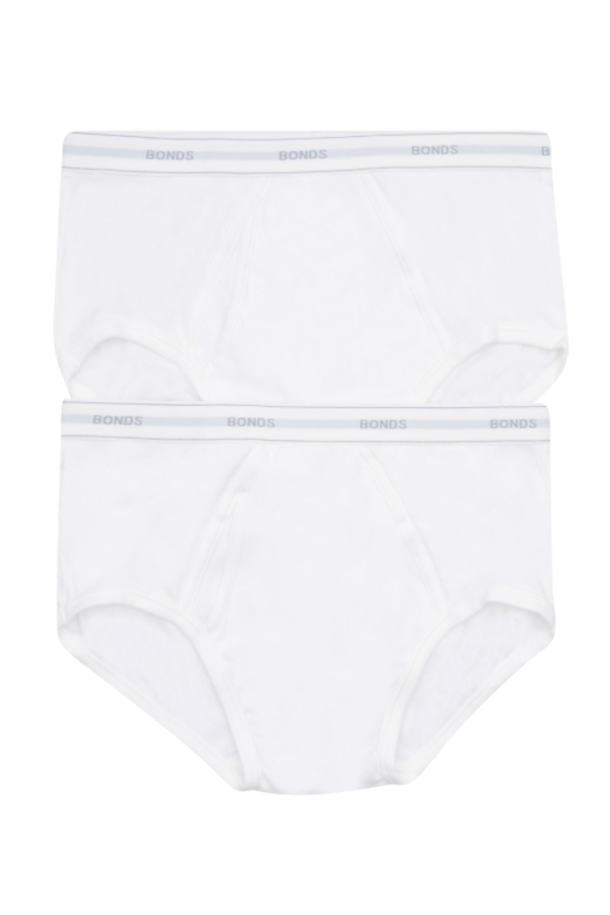 A pack of Bonds Comfort Brief 2PK features an image of a man in white briefs on the mostly clear packaging with blue and black accents, containing two comfortable briefs ideal for everyday wear.