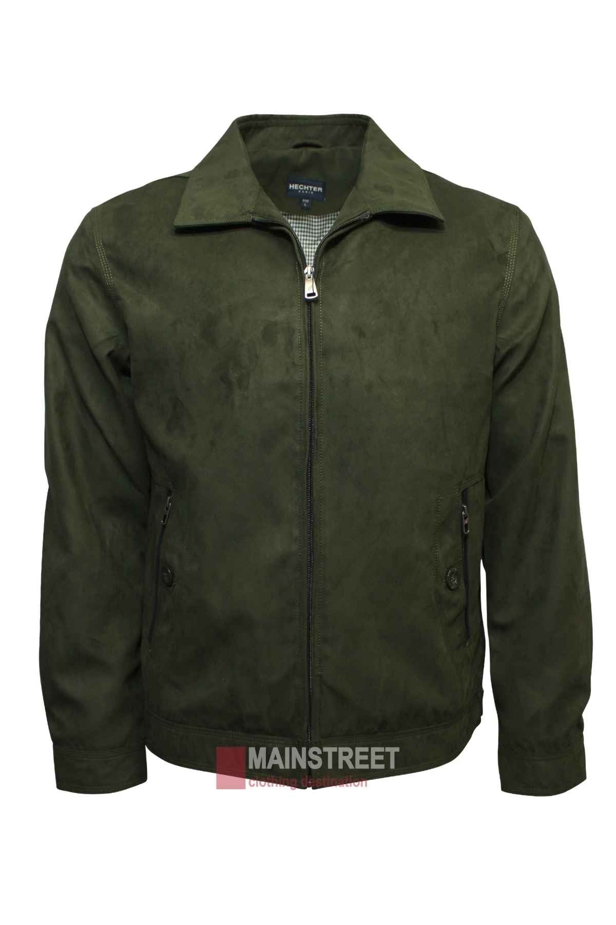 The Boston Colin Jacket by Daniel Hechter is a dark green polyester zip-up with a collared design and two side pockets, showcased elegantly against a white background.
