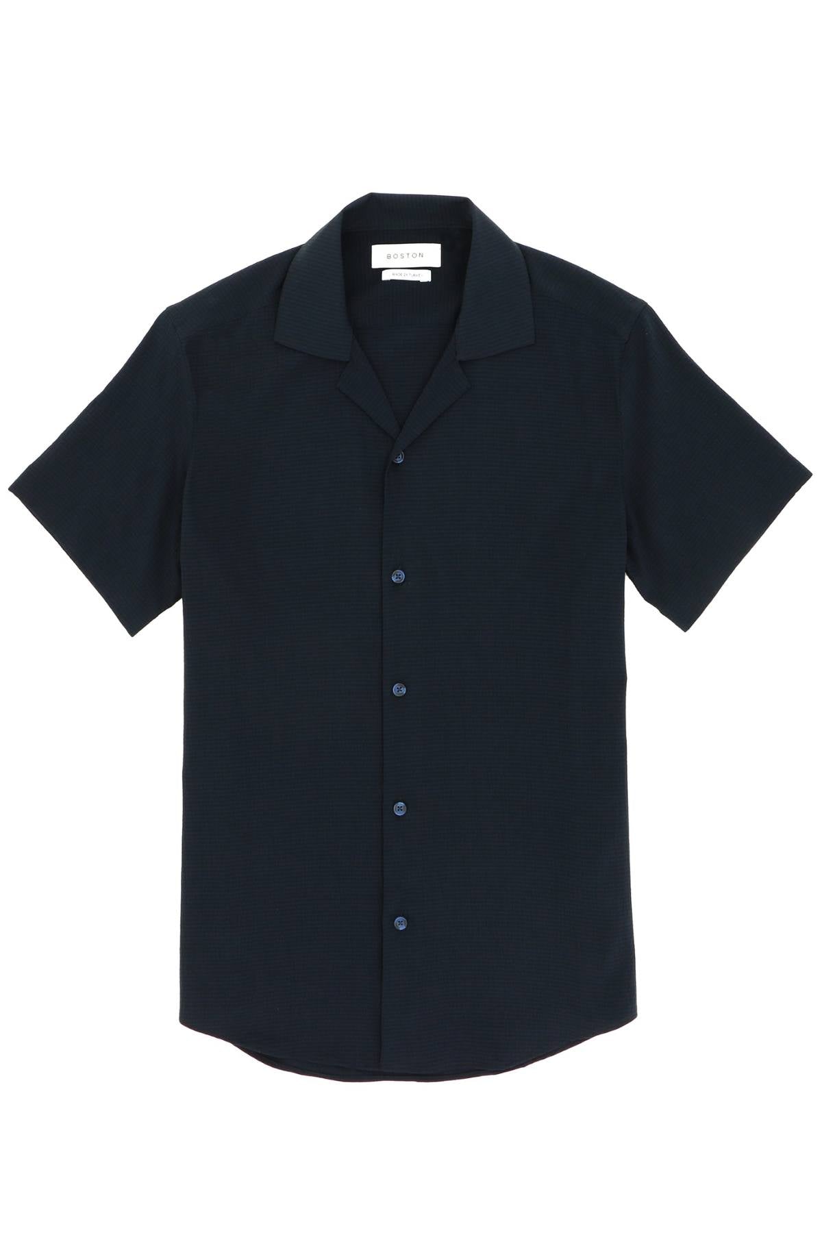 Boston James Textured Cotton Short Sleeve Shirt in black, featuring a button-up front and collar, displayed flat on a white background.
