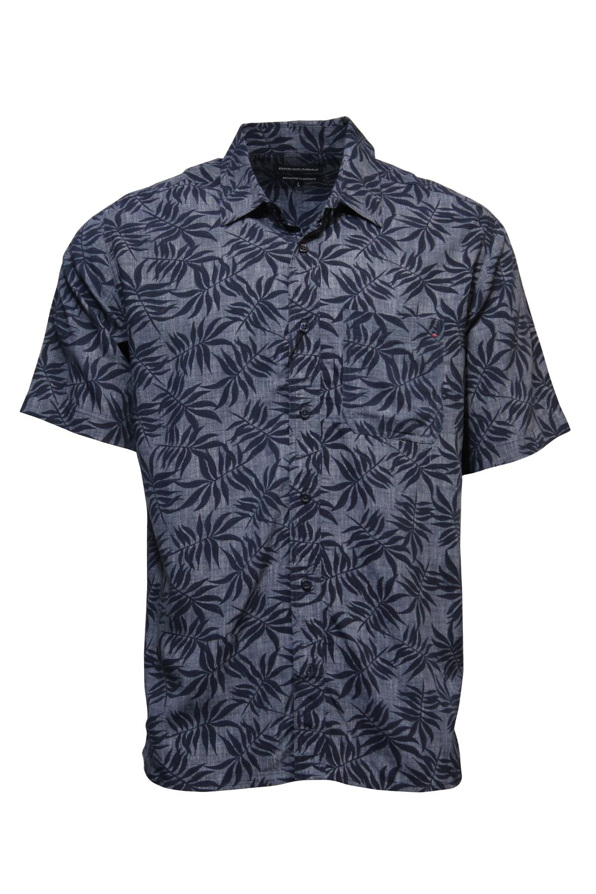 The Breakaway Everest Bamboo Shirt is a navy blue, short-sleeve button-up with a dark leaf-pattern print, collar, and single chest pocket.
