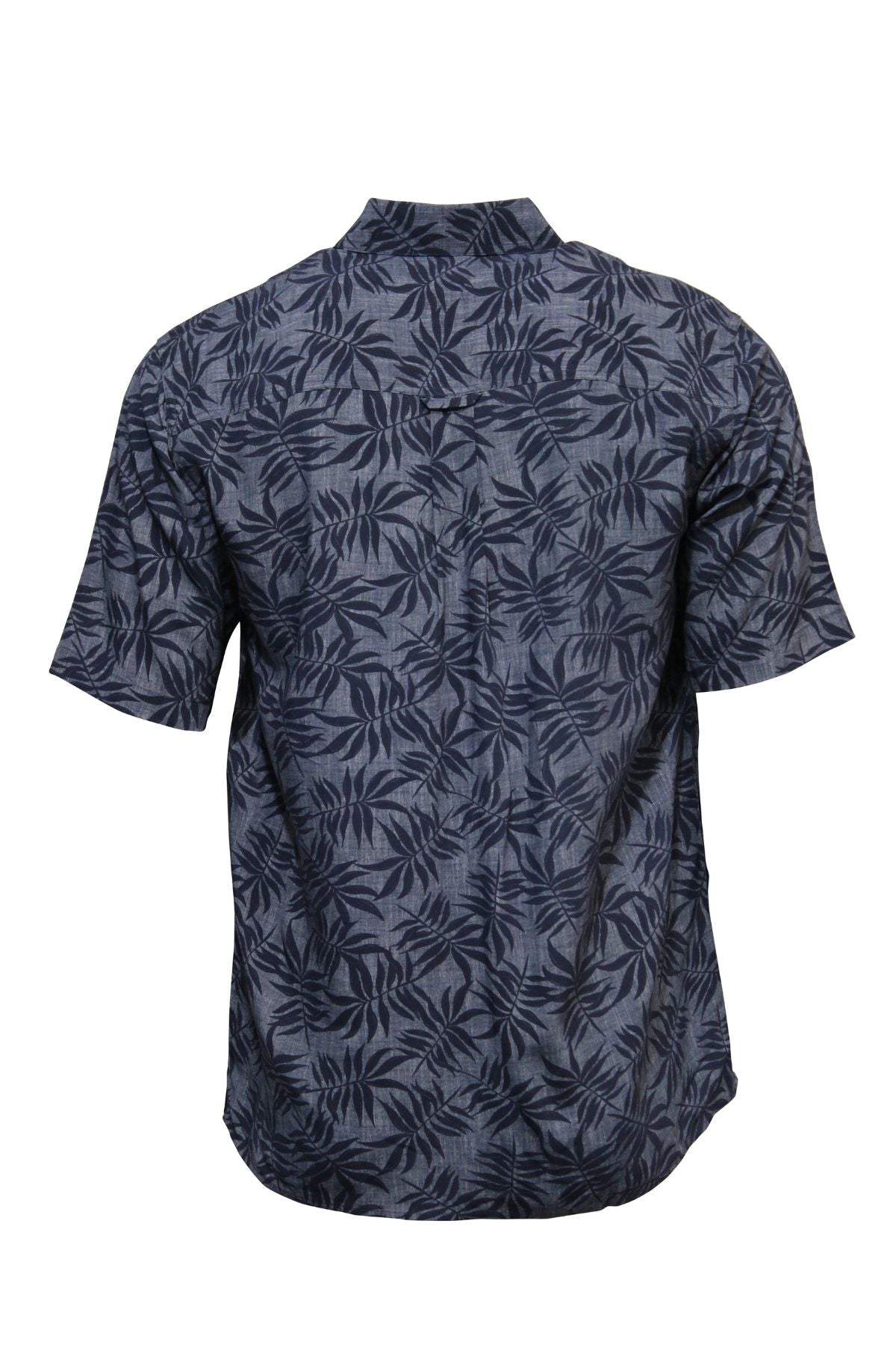 The Breakaway Everest Bamboo Shirt features short sleeves and a dark blue and black leaf pattern, displayed from the back on a white background.