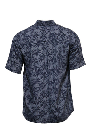 The Breakaway Everest Bamboo Shirt features short sleeves and a dark blue and black leaf pattern, displayed from the back on a white background.