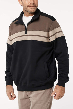 A man with short facial hair stands against a plain background wearing the Breakaway Henrich Snowy Mt Fleece Half Zip in black, brown, and beige with a wide stripe across the chest. He is looking to the side.
